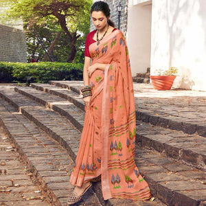 Peach Printed Linen Saree - Peachmode