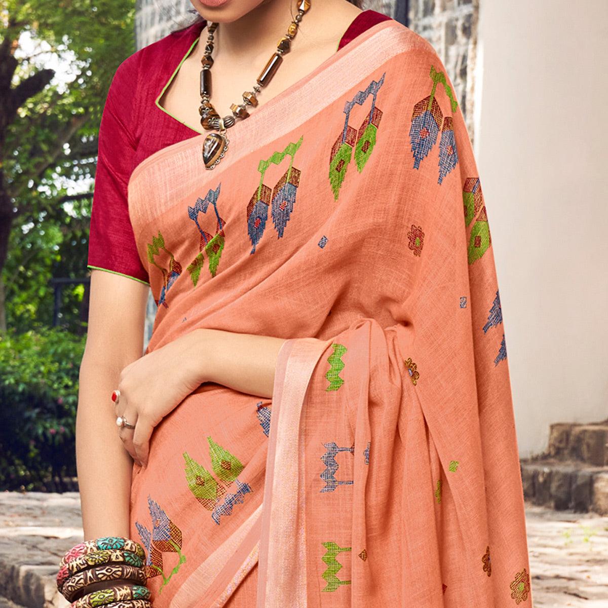 Peach Printed Linen Saree - Peachmode