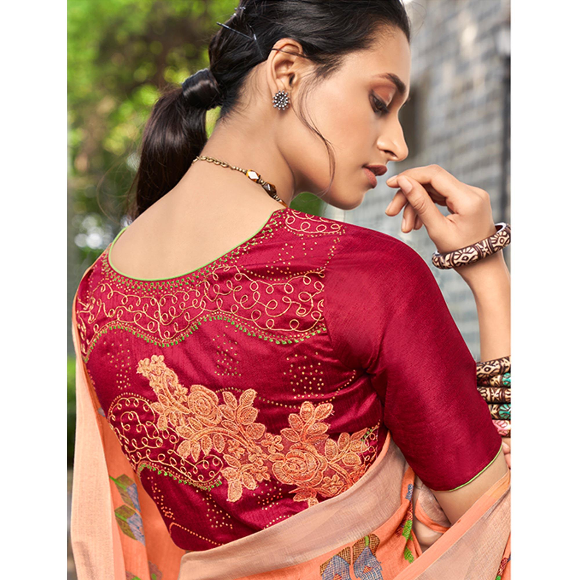 Peach Printed Linen Saree - Peachmode