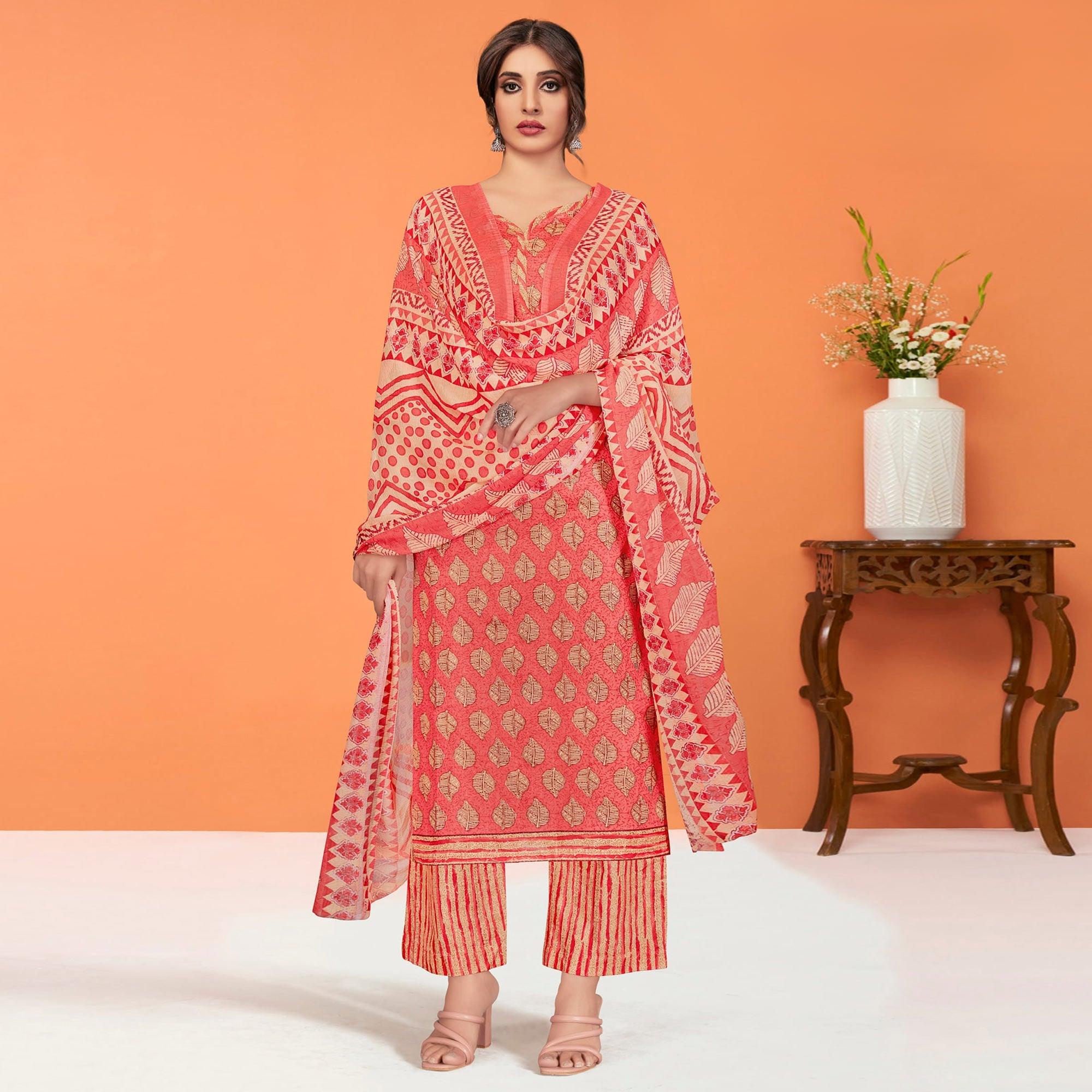 Peach Printed Poly Cotton Dress Material - Peachmode