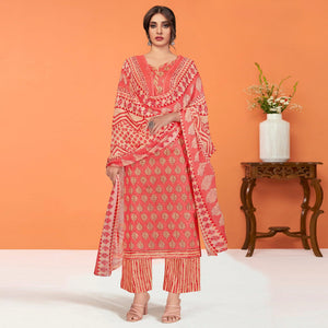 Peach Printed Poly Cotton Dress Material - Peachmode