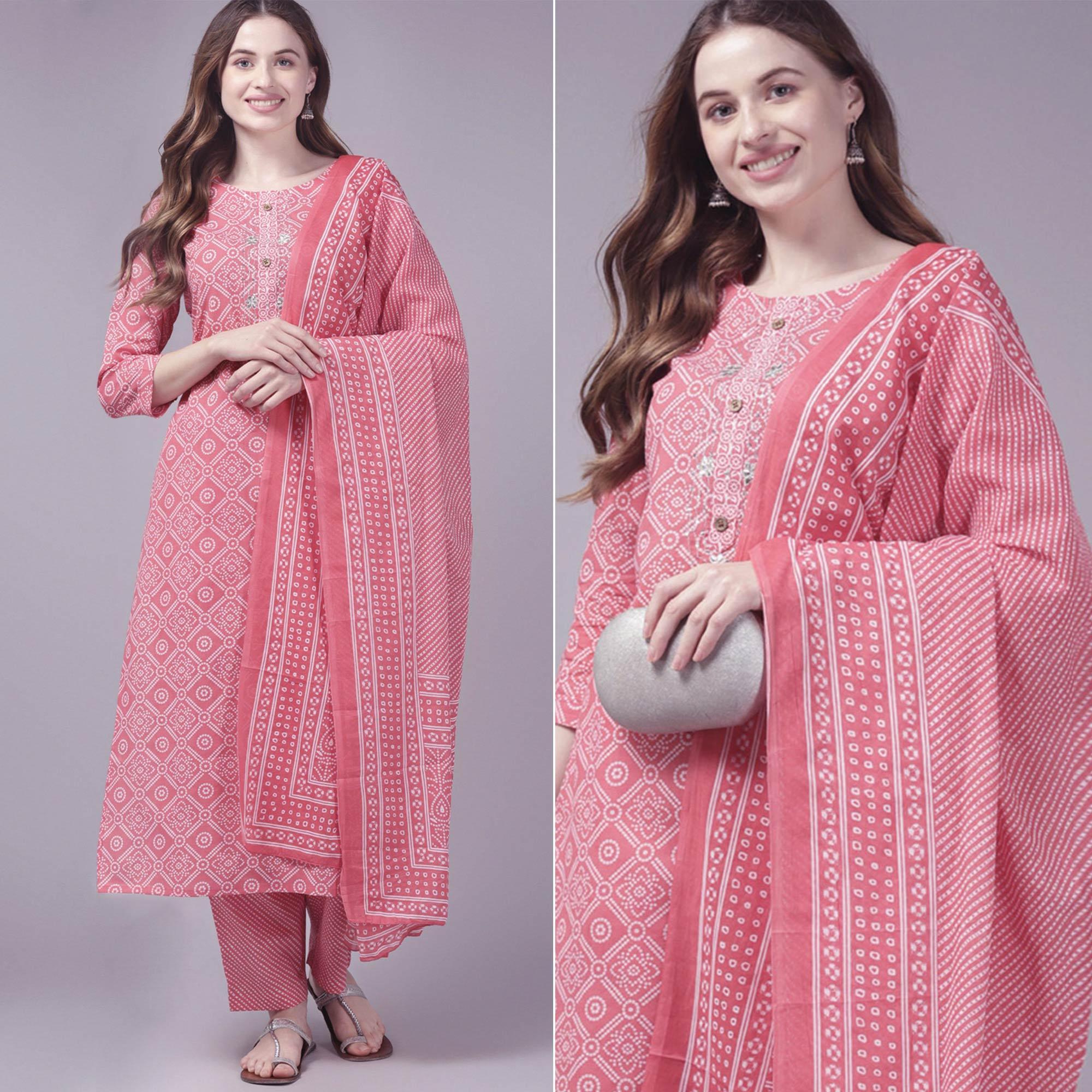 Peach Printed Pure Cotton Kurti Pant Set with Dupatta - Peachmode