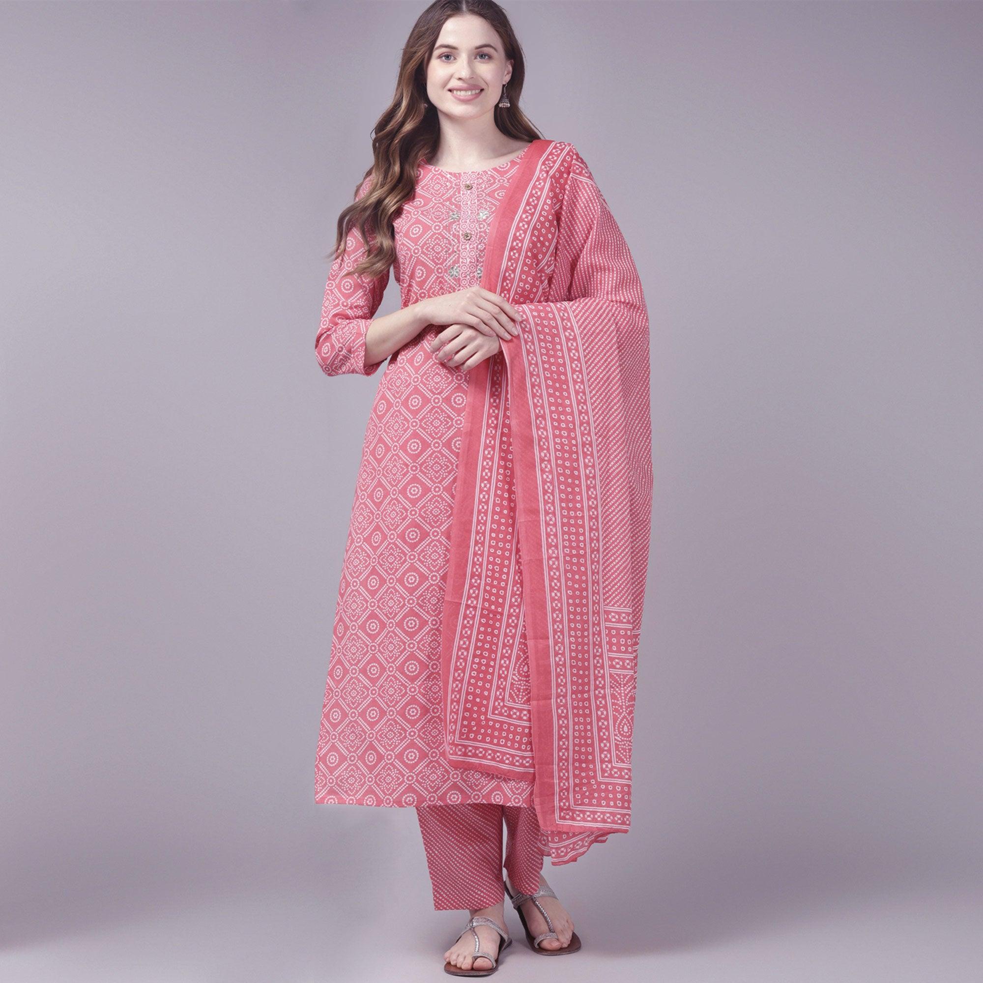 Peach Printed Pure Cotton Kurti Pant Set with Dupatta - Peachmode