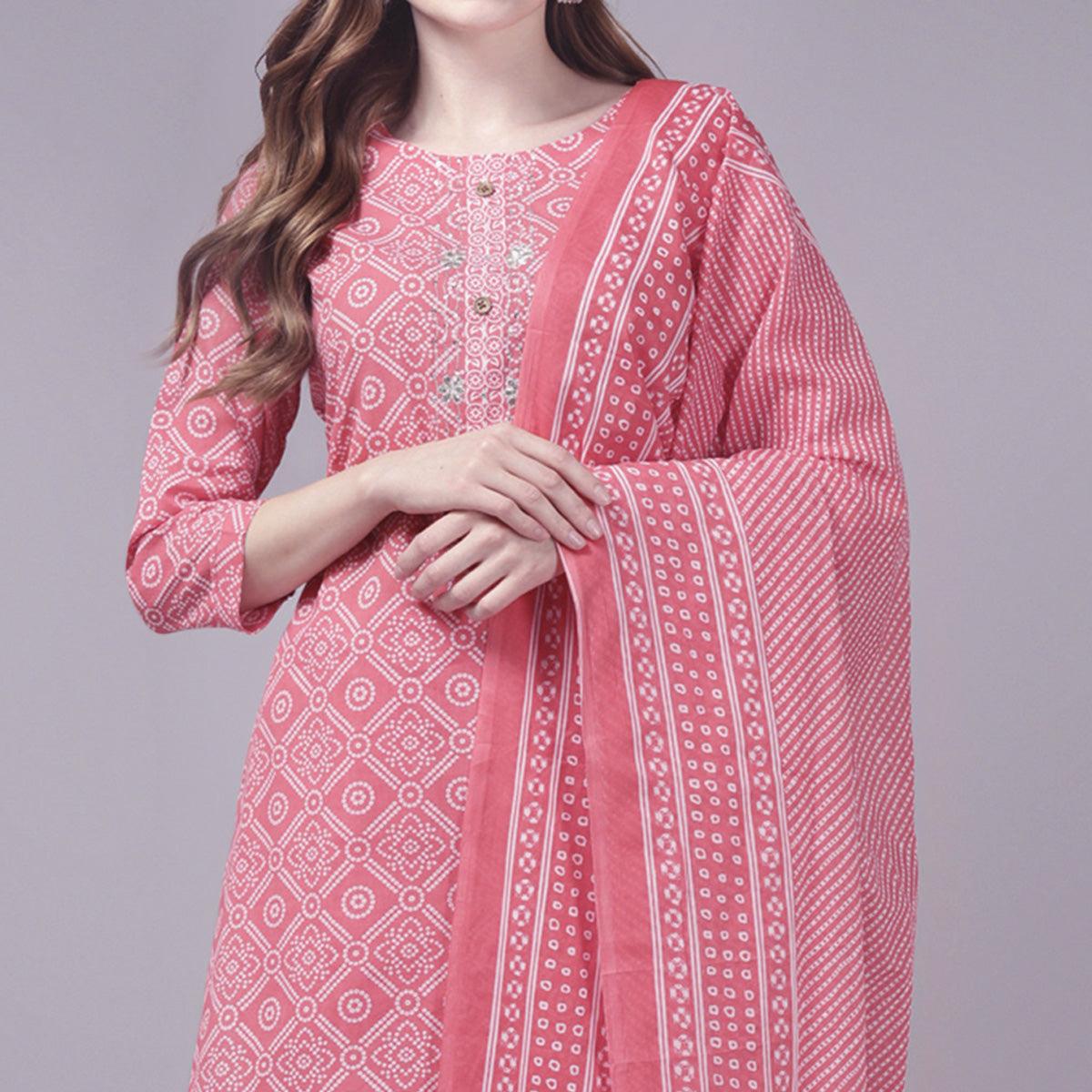 Peach Printed Pure Cotton Kurti Pant Set with Dupatta - Peachmode