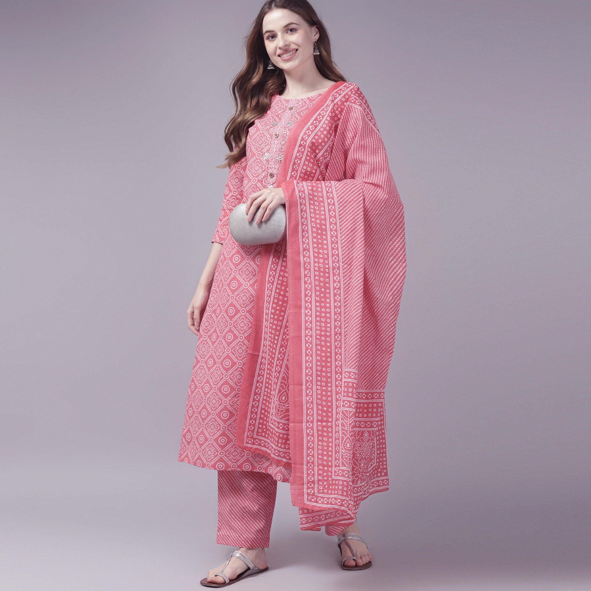 Peach Printed Pure Cotton Kurti Pant Set with Dupatta - Peachmode