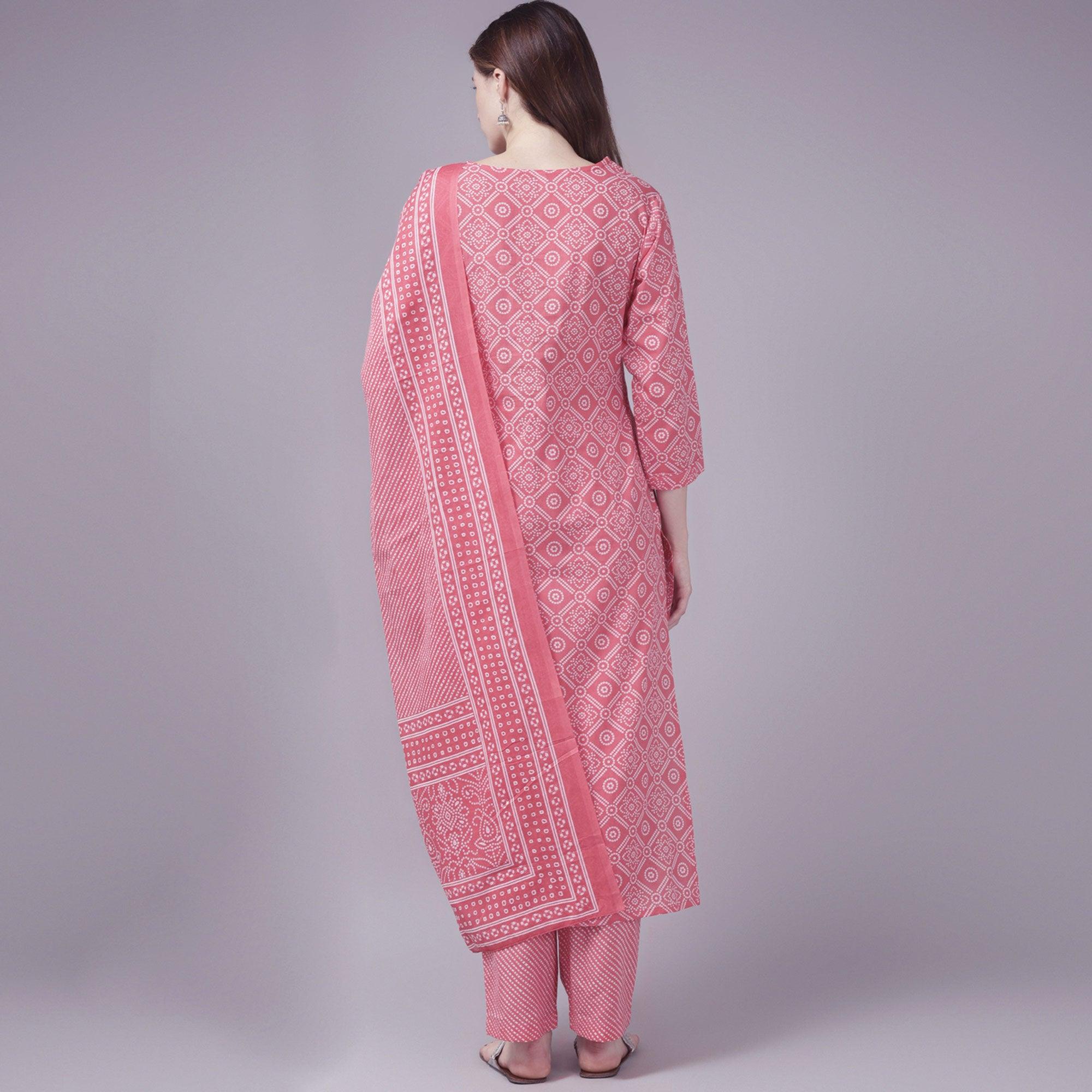 Peach Printed Pure Cotton Kurti Pant Set with Dupatta - Peachmode