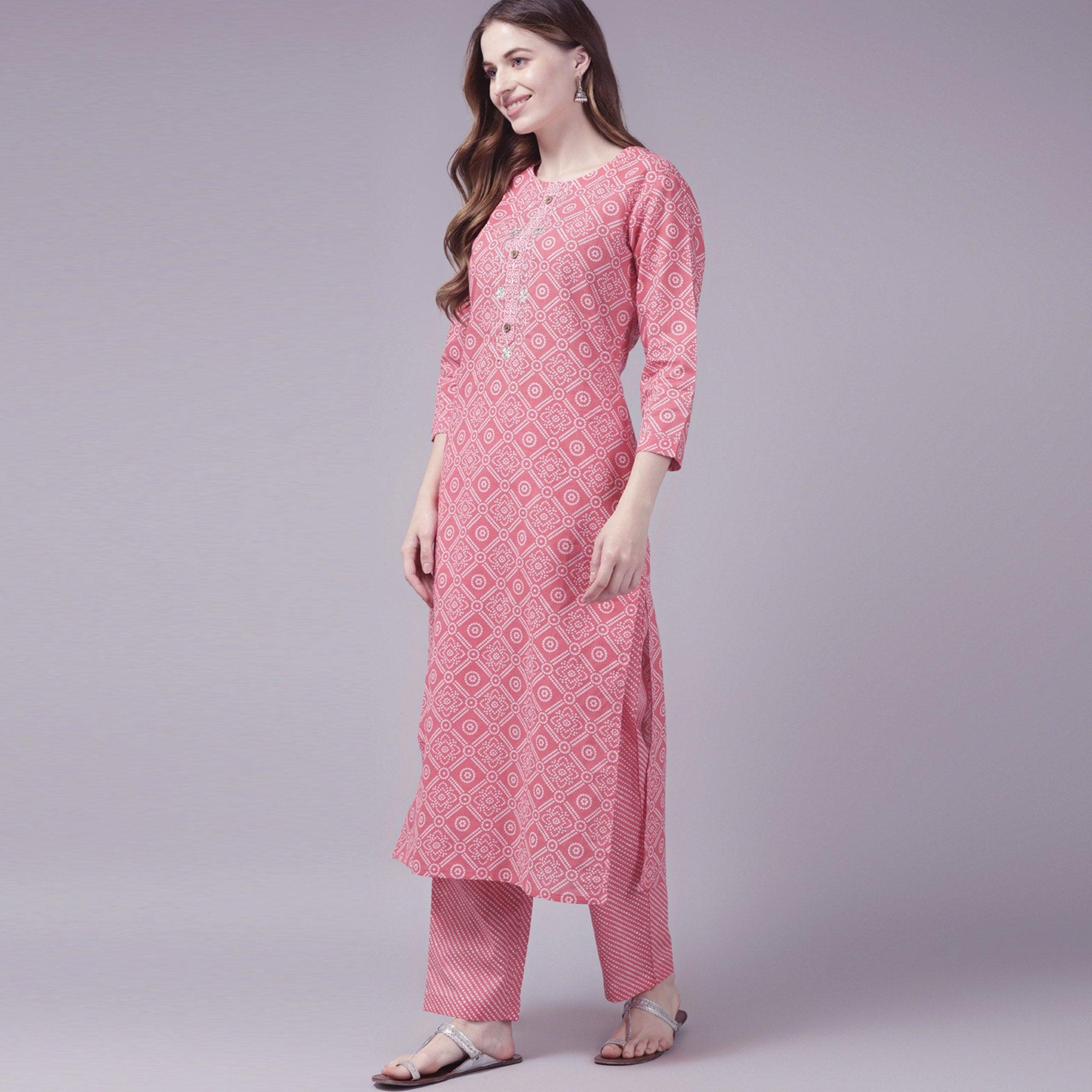 Peach Printed Pure Cotton Kurti Pant Set with Dupatta - Peachmode