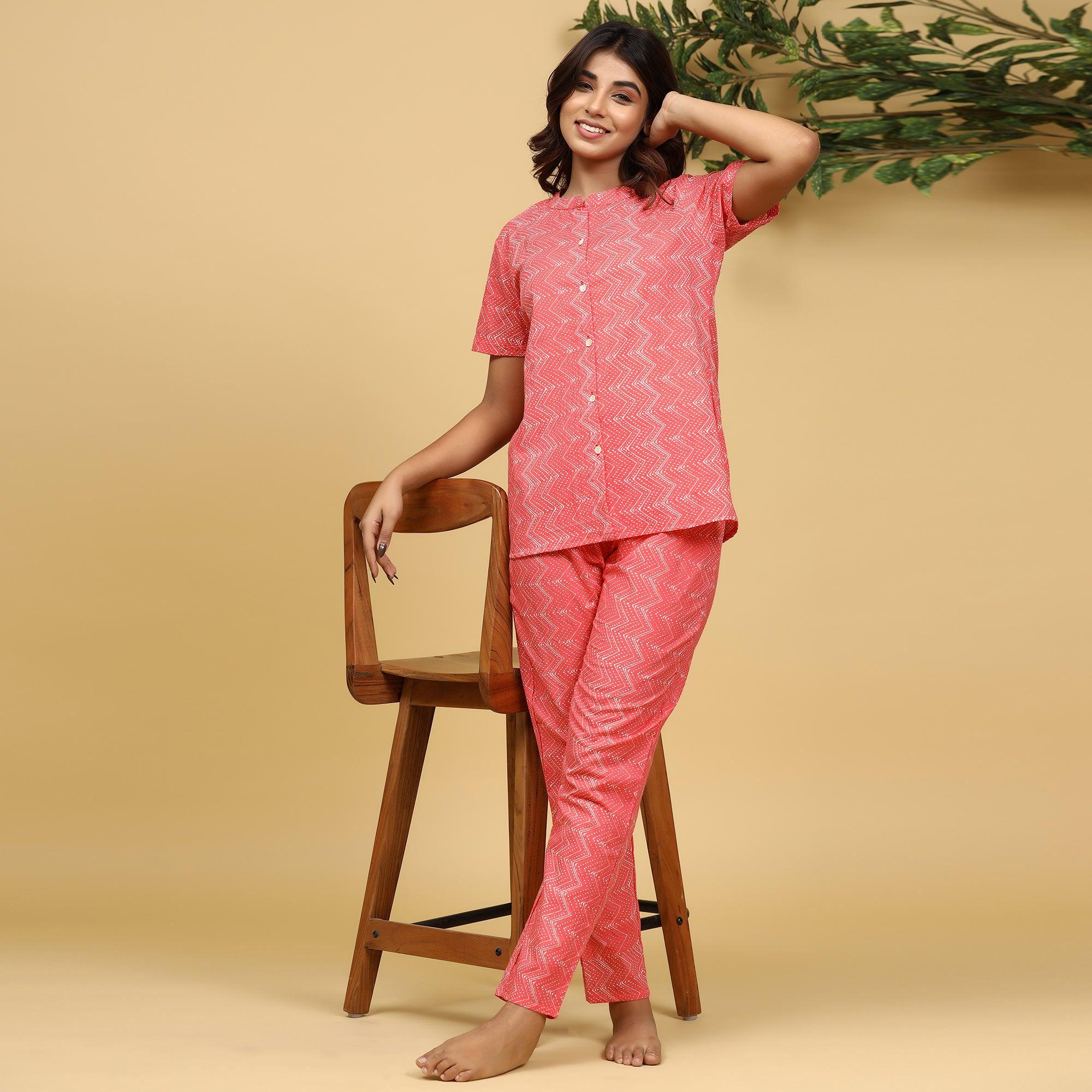 Peach Printed Pure Cotton Night Suit - Peachmode