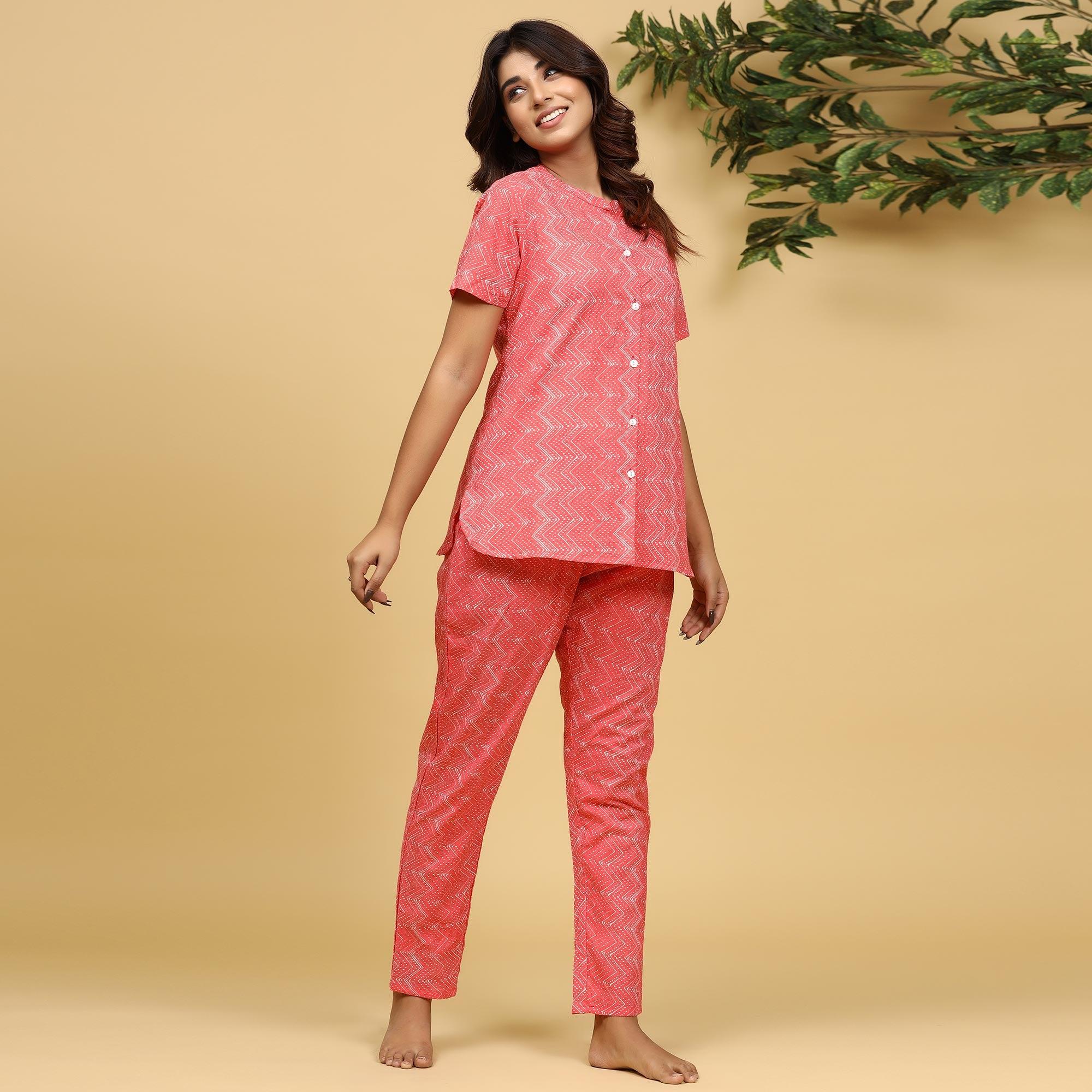 Peach Printed Pure Cotton Night Suit - Peachmode