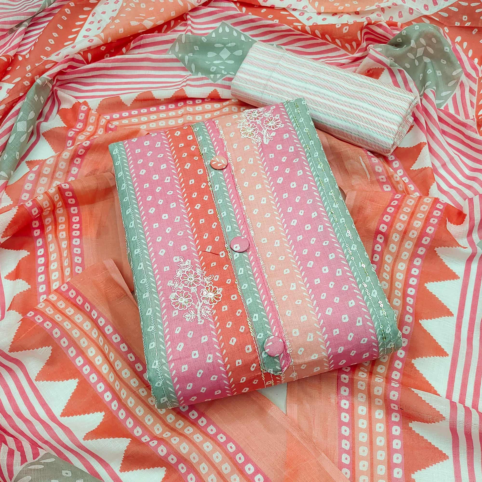 Peach Printed With Floral Embroidered Pure Cotton Dress Material - Peachmode