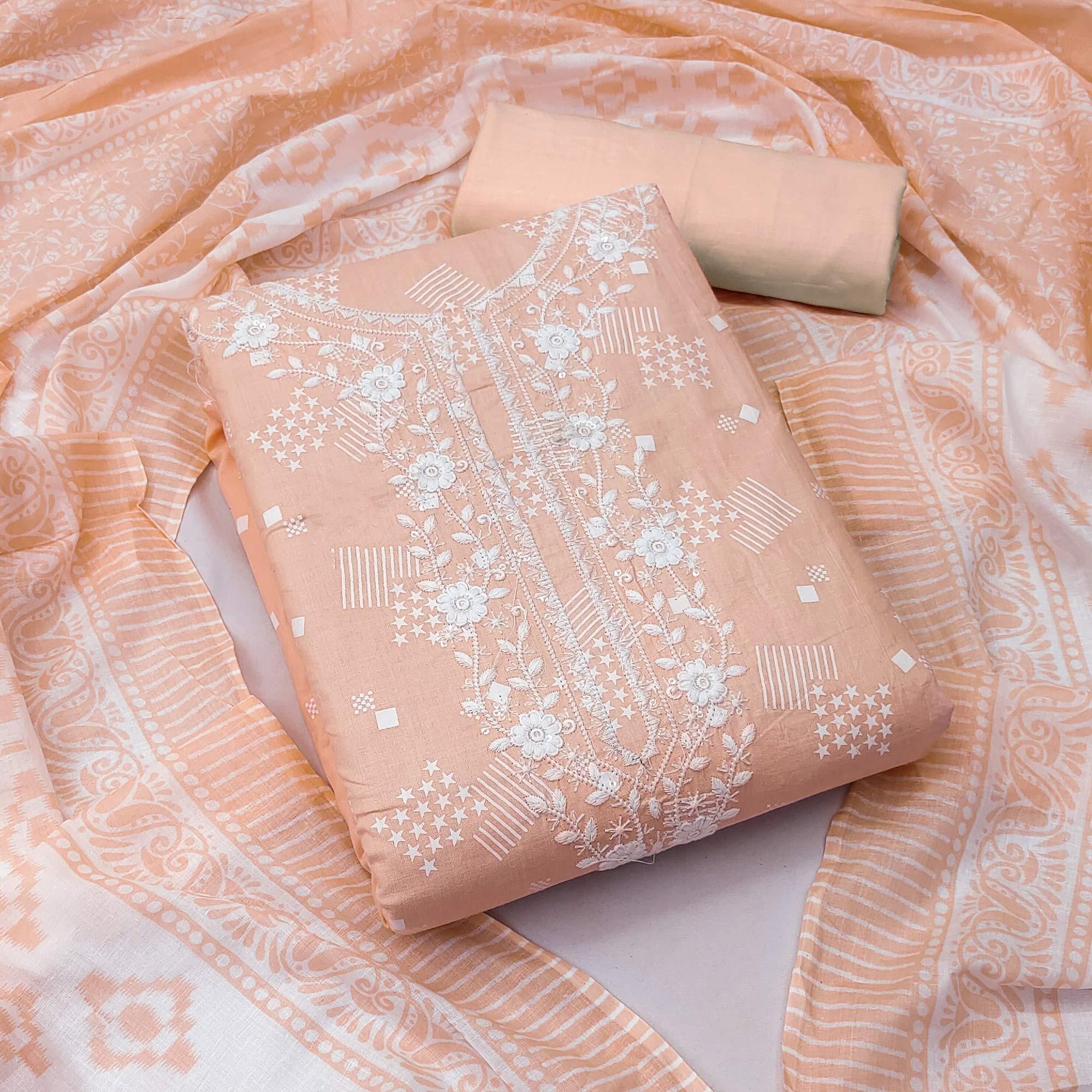 Peach Printed With Floral Embroidered Pure Cotton Dress Material - Peachmode