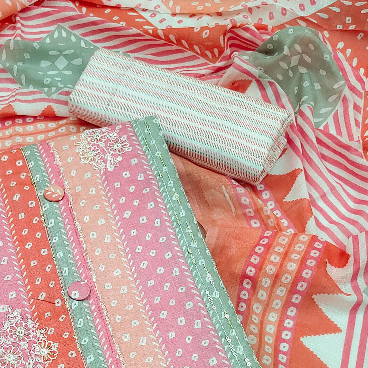 Peach Printed With Floral Embroidered Pure Cotton Dress Material - Peachmode