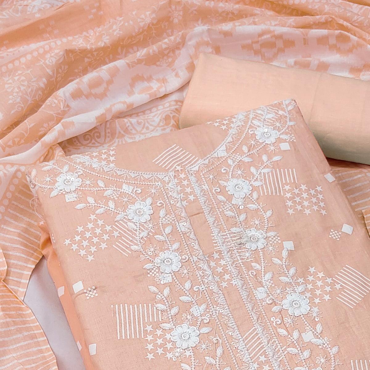 Peach Printed With Floral Embroidered Pure Cotton Dress Material - Peachmode