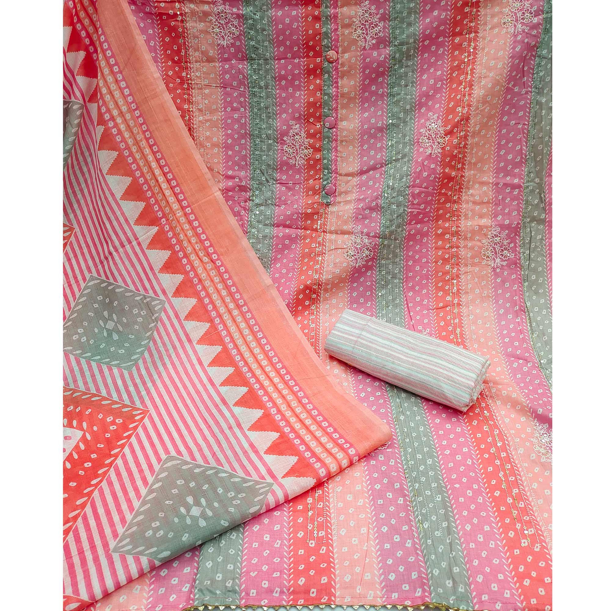 Peach Printed With Floral Embroidered Pure Cotton Dress Material - Peachmode