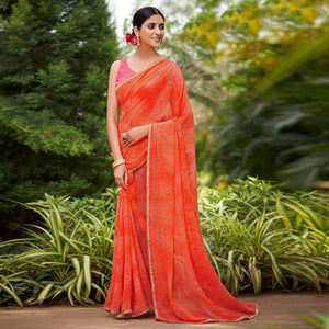 Peach Printed With Sequence Embroidered Border Georgette Saree - Peachmode