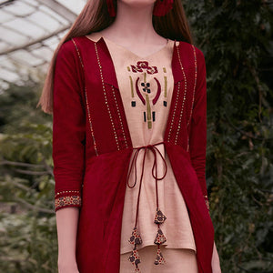 Peach-Red Partywear Embroidered Rayon Top-Bottom Set With Shrug - Peachmode