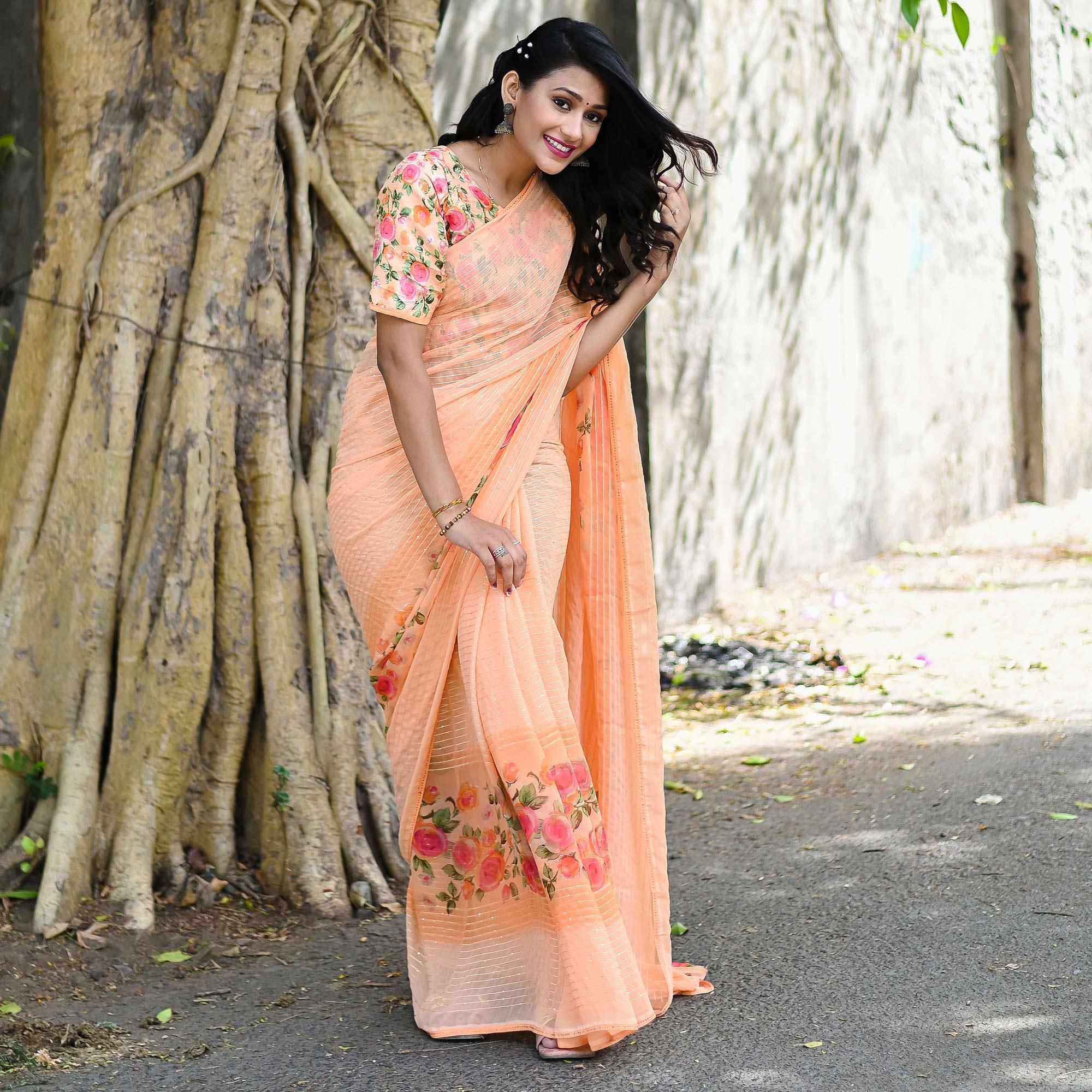 Peach Sequence Embroidered Art Silk Saree - Peachmode