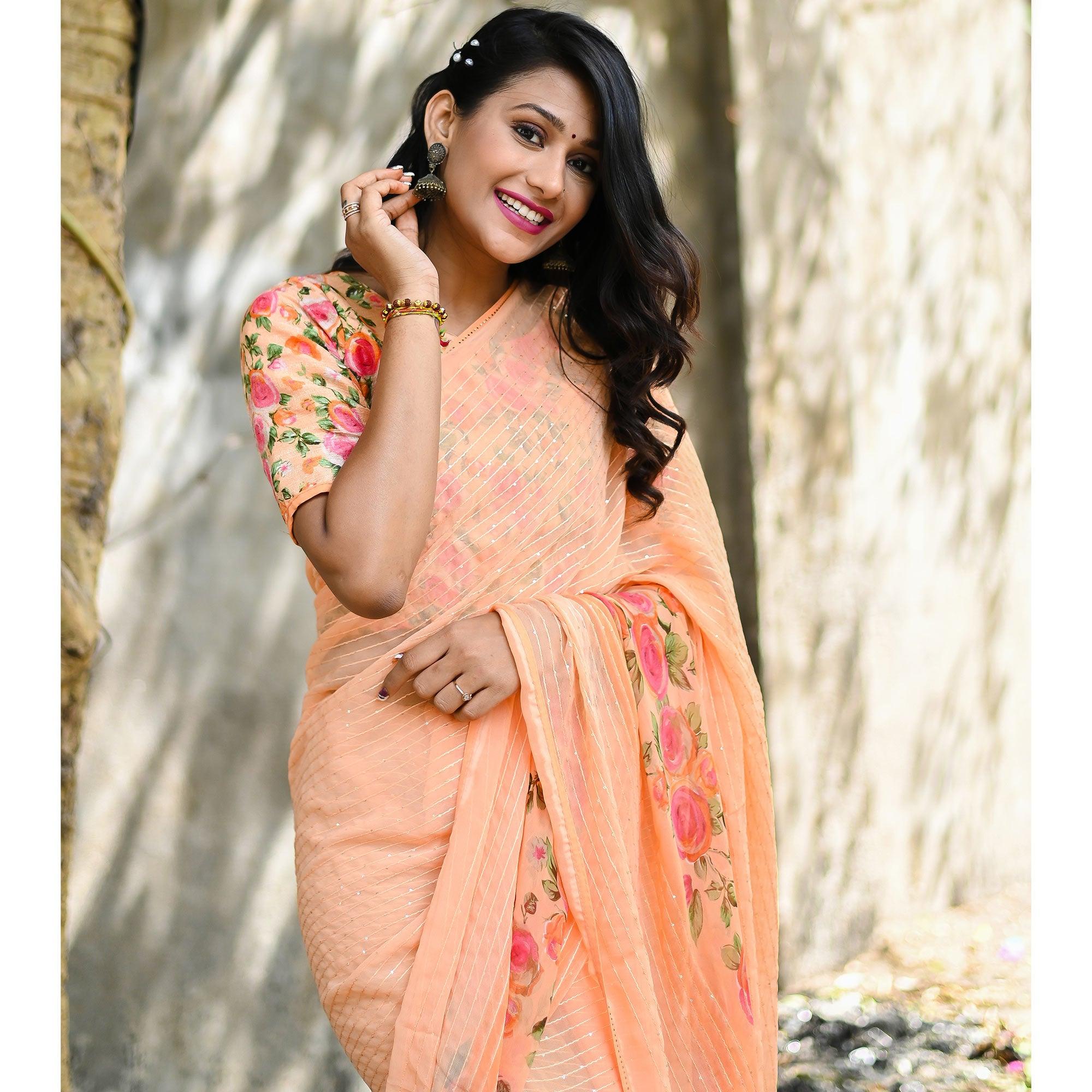 Peach Sequence Embroidered Art Silk Saree - Peachmode