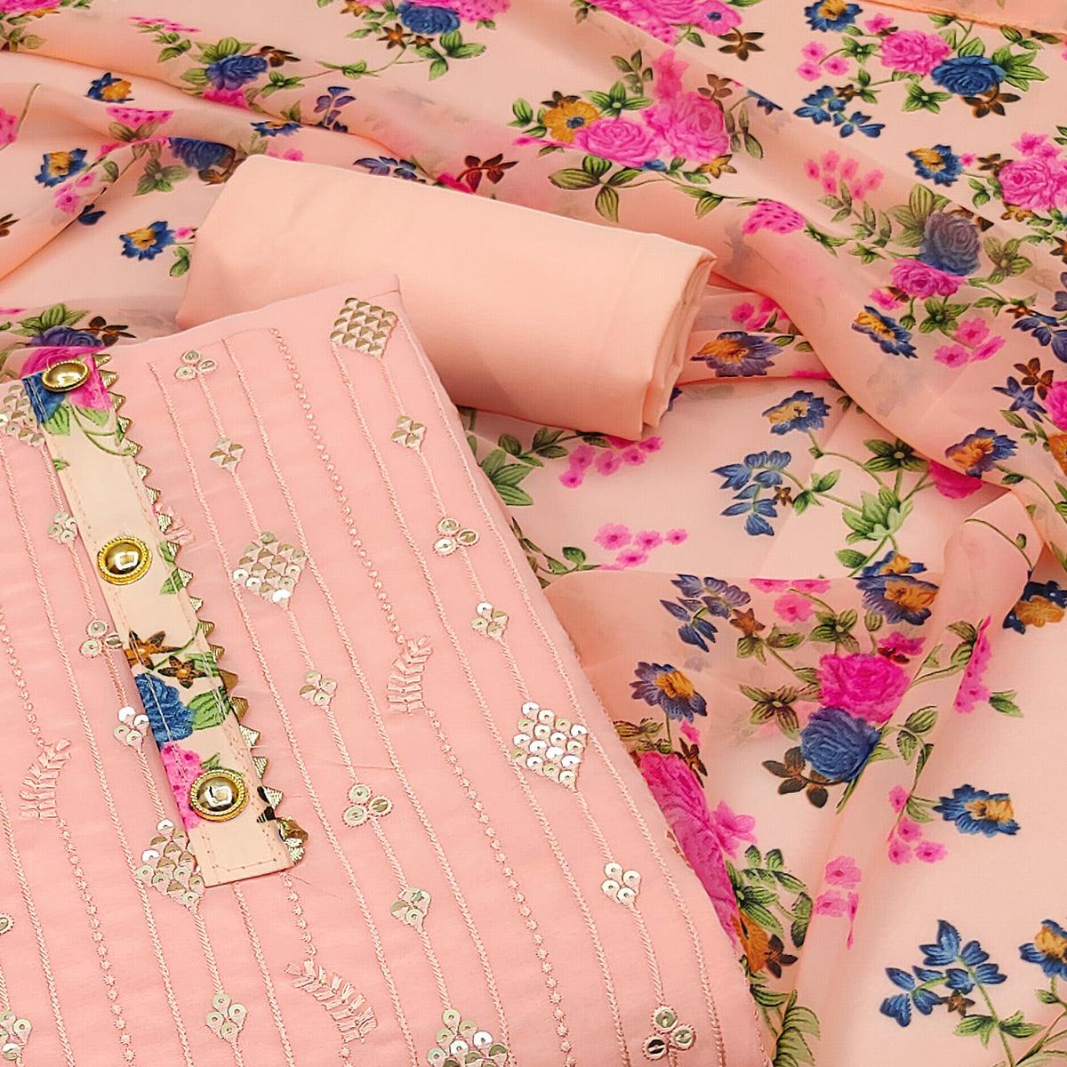 Peach Sequence Embroidered Georgette Dress Material - Peachmode