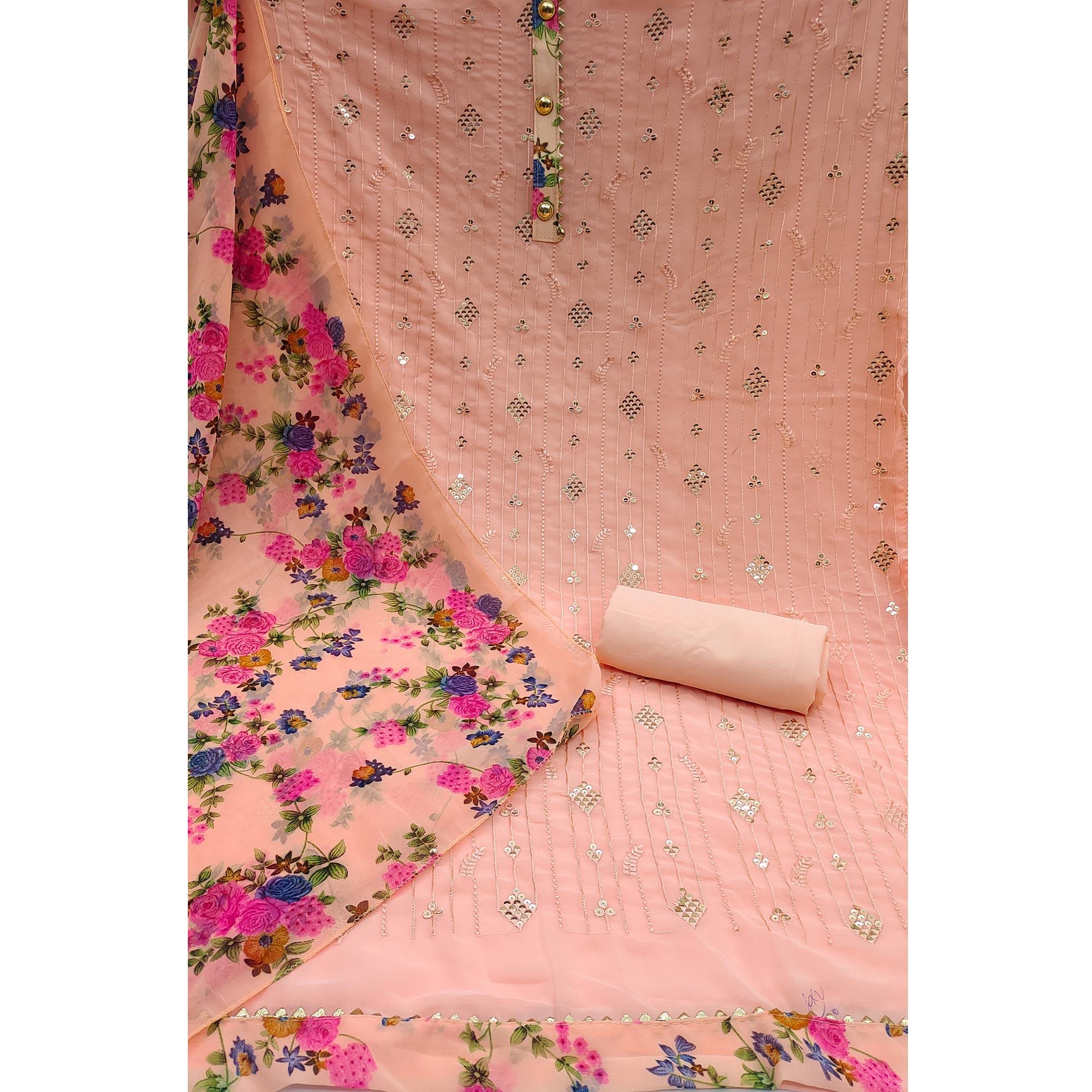 Peach Sequence Embroidered Georgette Dress Material - Peachmode