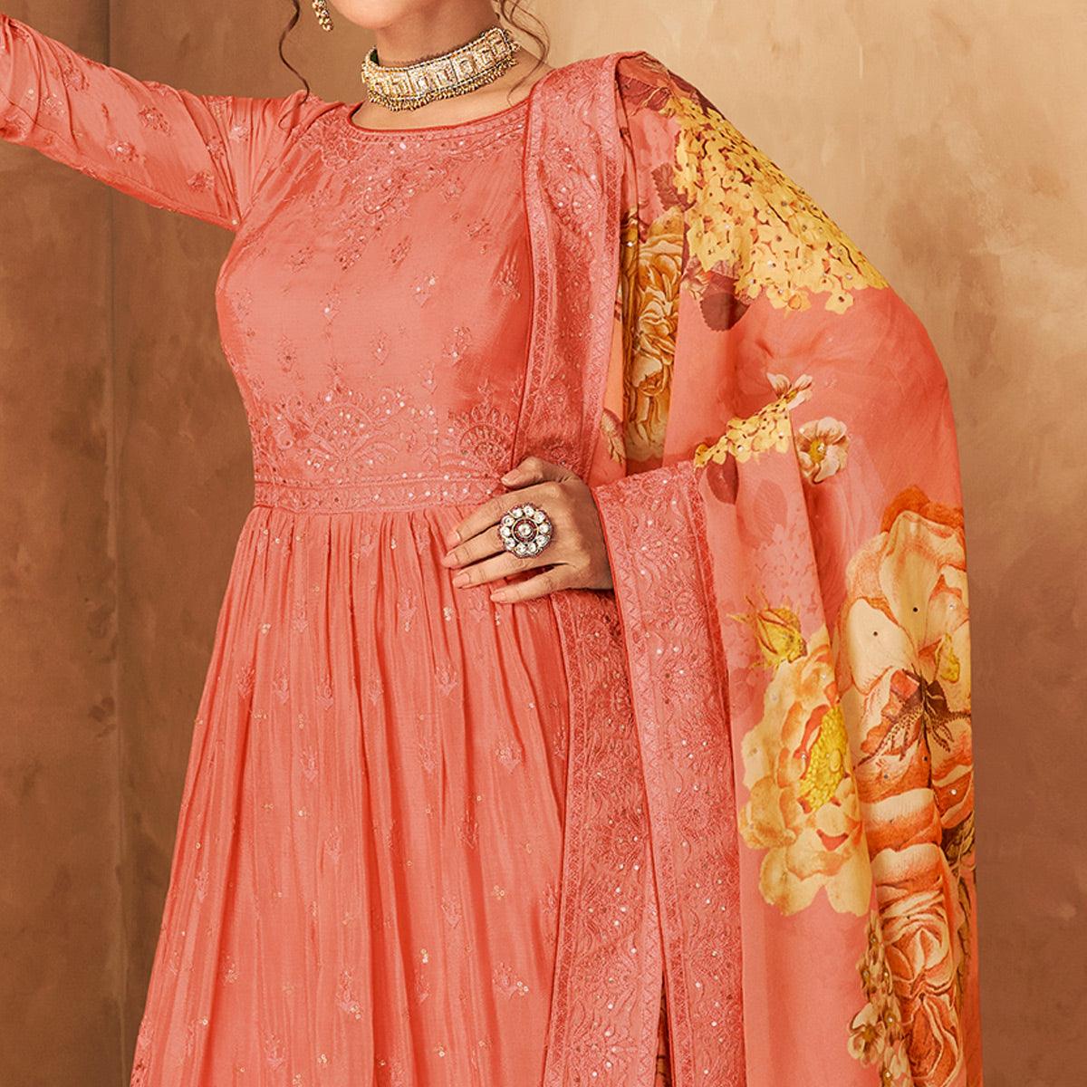 Peach Sequence Embroidered Georgette Partywear Palazzo Suit - Peachmode