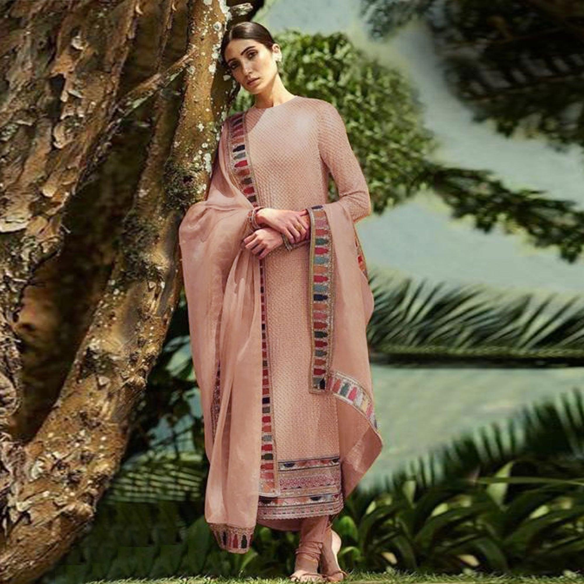 Peach Sequence Embroidered Georgette Salwar Suit - Peachmode