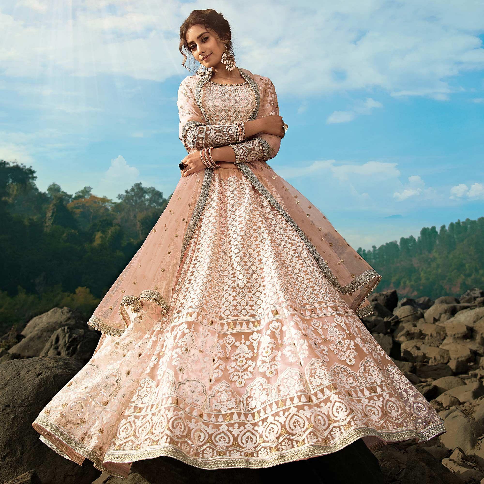 Peach Sequence Embroidered Net Lehenga Choli - Peachmode