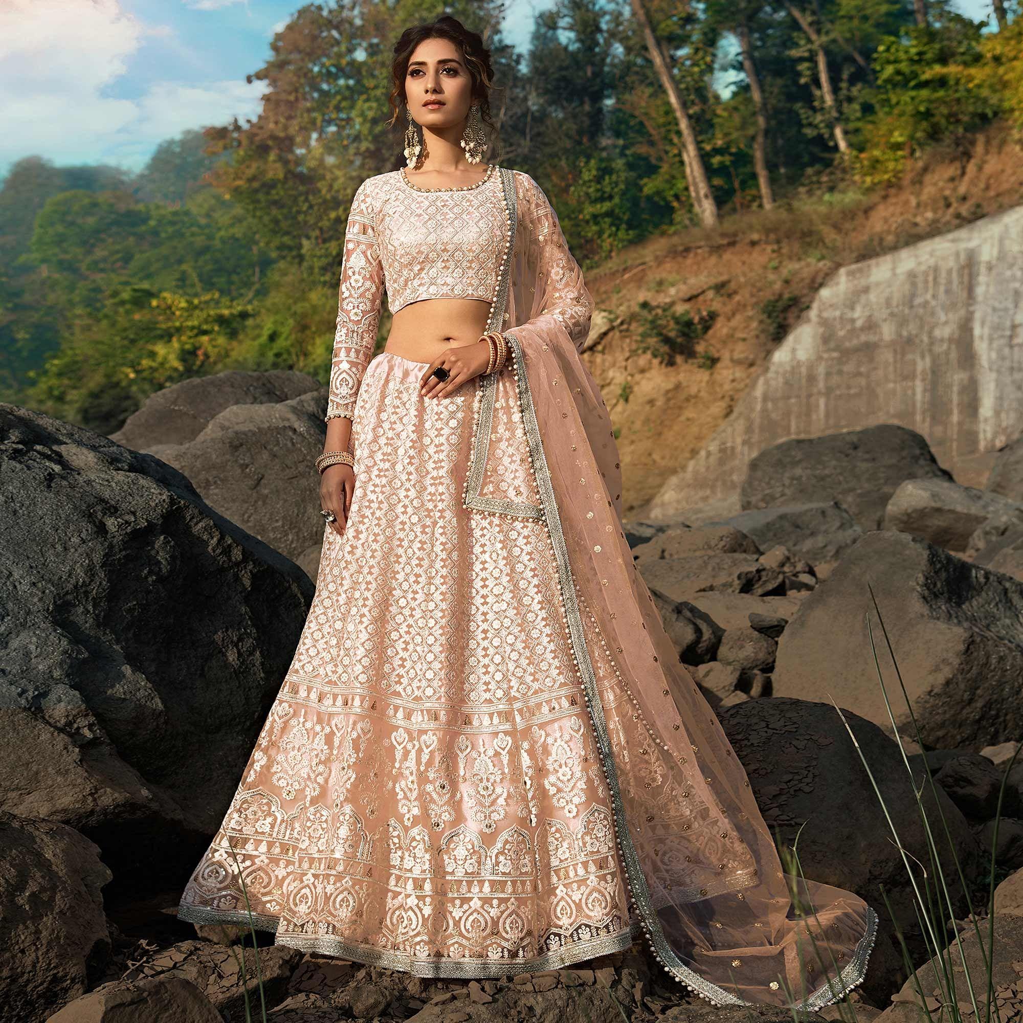 Peach Sequence Embroidered Net Lehenga Choli - Peachmode
