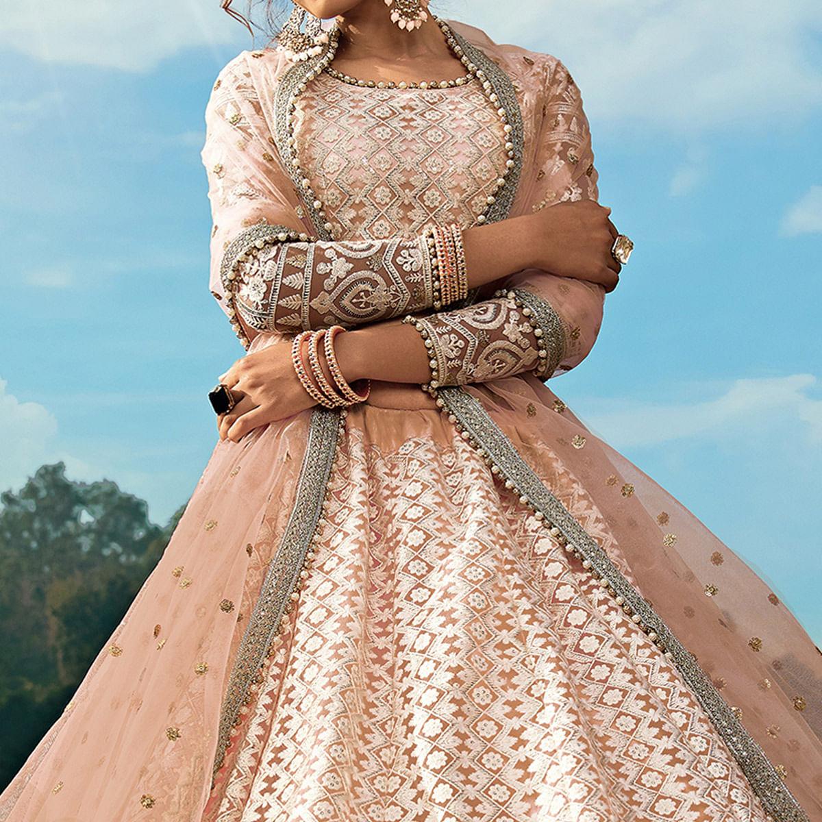 Peach Sequence Embroidered Net Lehenga Choli - Peachmode