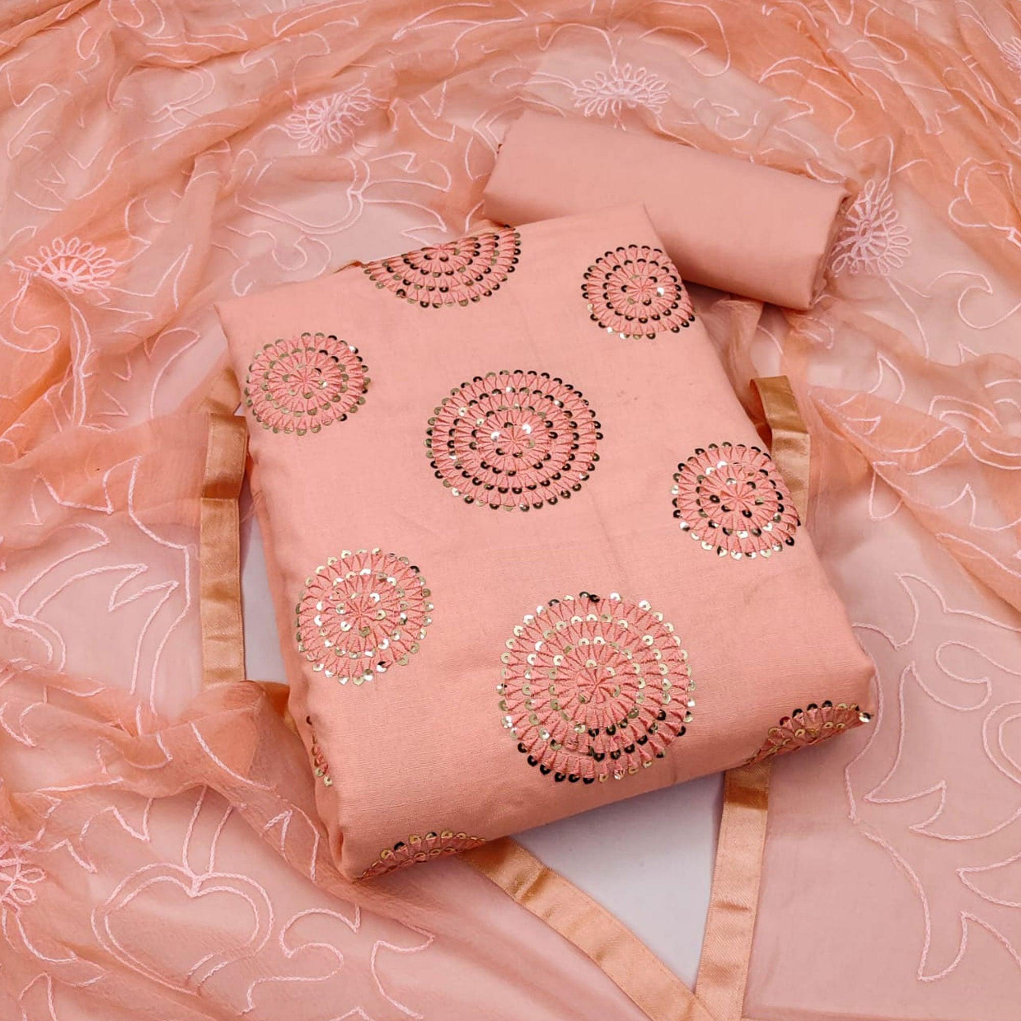 Peach Sequence Embroidered Pure Cotton Dress Material - Peachmode