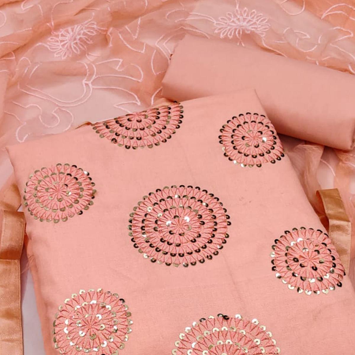 Peach Sequence Embroidered Pure Cotton Dress Material - Peachmode