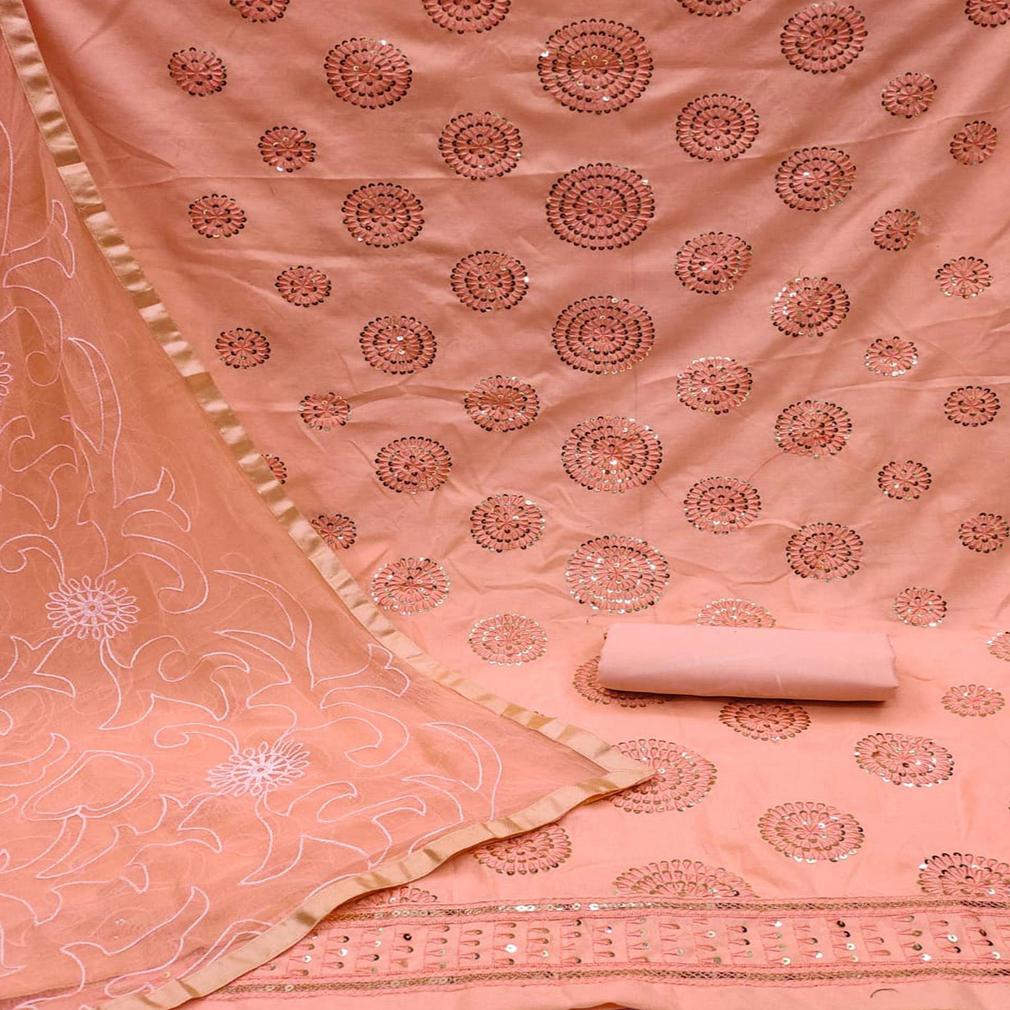 Peach Sequence Embroidered Pure Cotton Dress Material - Peachmode