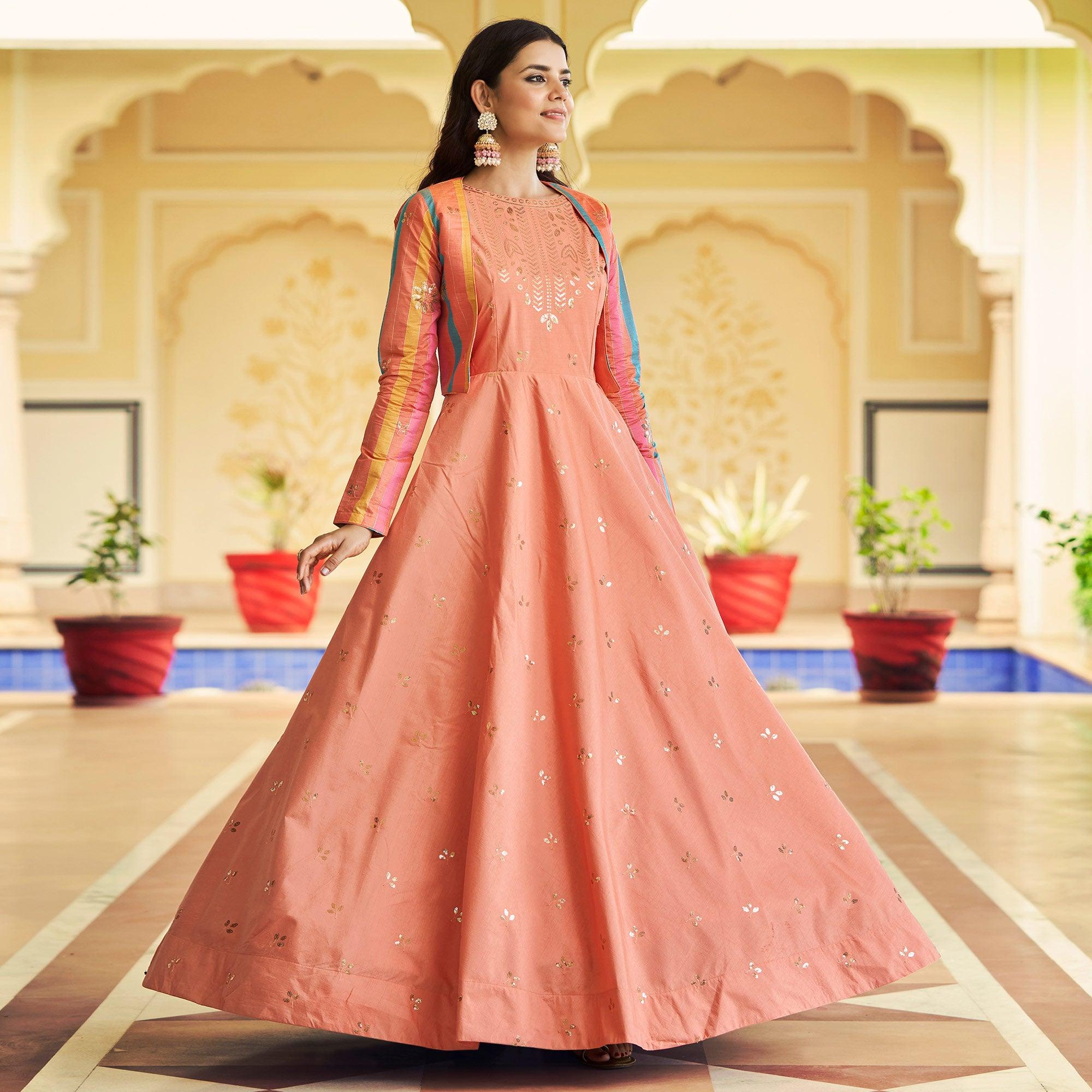 Peach Sequence Embroidered Pure Cotton Gown With Koti - Peachmode