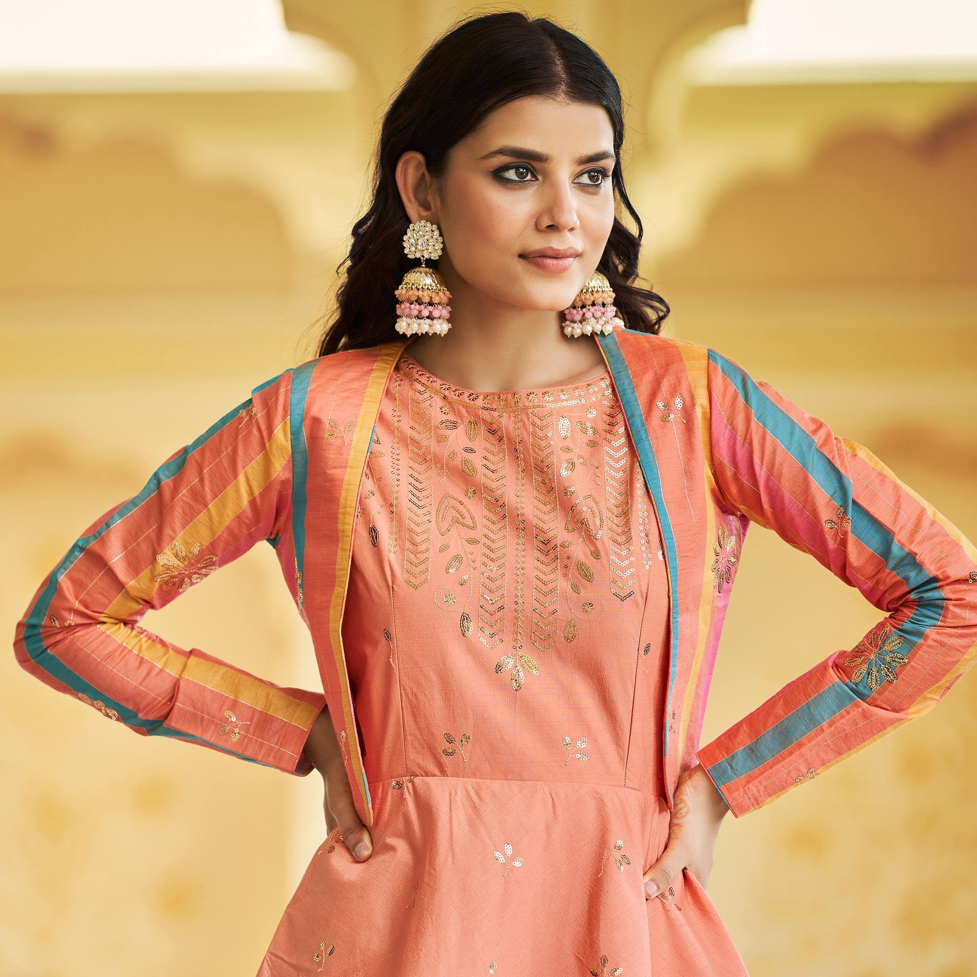 Peach Sequence Embroidered Pure Cotton Gown With Koti - Peachmode