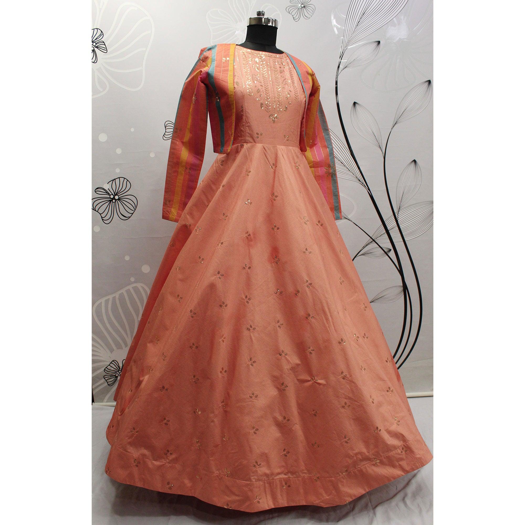 Peach Sequence Embroidered Pure Cotton Gown With Koti - Peachmode