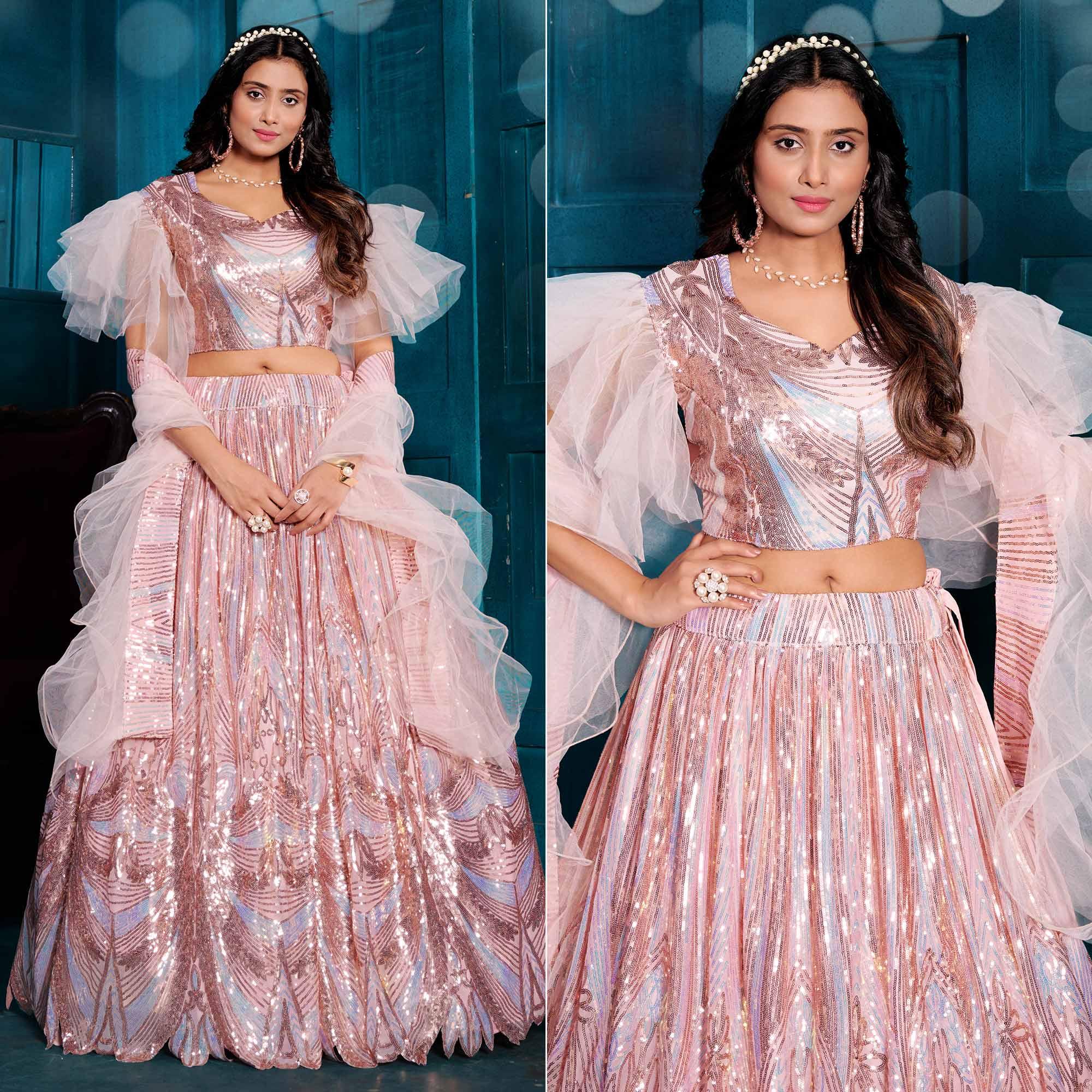 Peach Sequence Embroidered With Stonework Art Silk Lehenga Choli - Peachmode