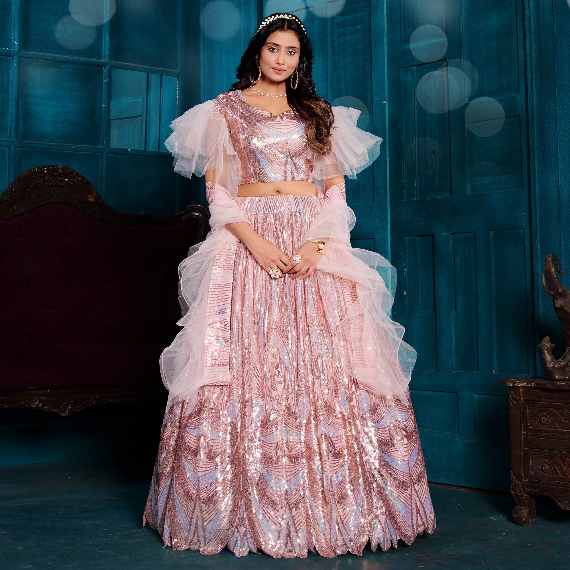 Peach Sequence Embroidered With Stonework Art Silk Lehenga Choli - Peachmode