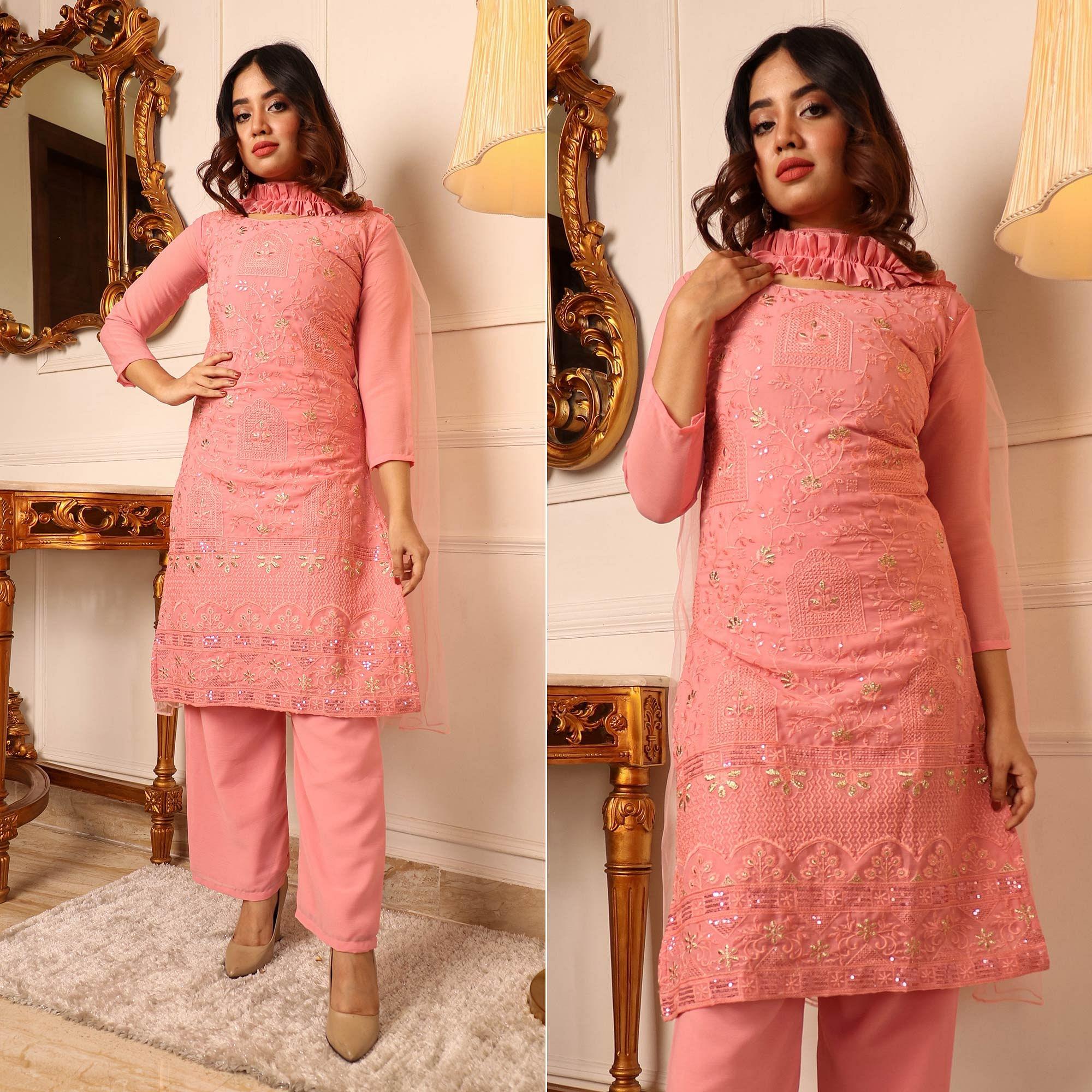 Peach Sequence Floral Embroidered Chiffon Kurti Pant Set With Dupatta - Peachmode