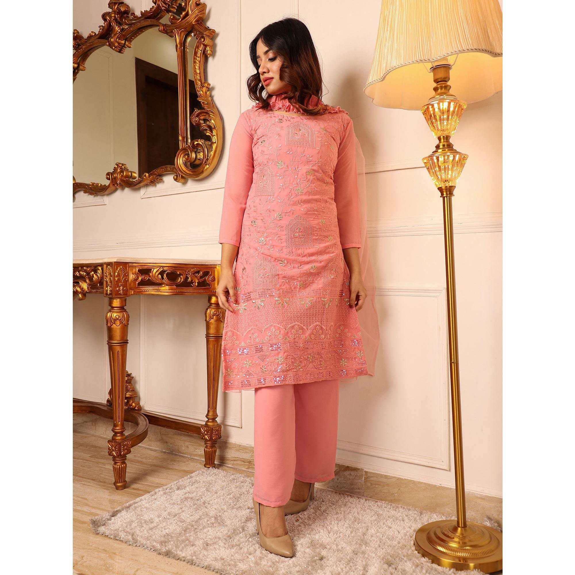 Peach Sequence Floral Embroidered Chiffon Kurti Pant Set With Dupatta - Peachmode