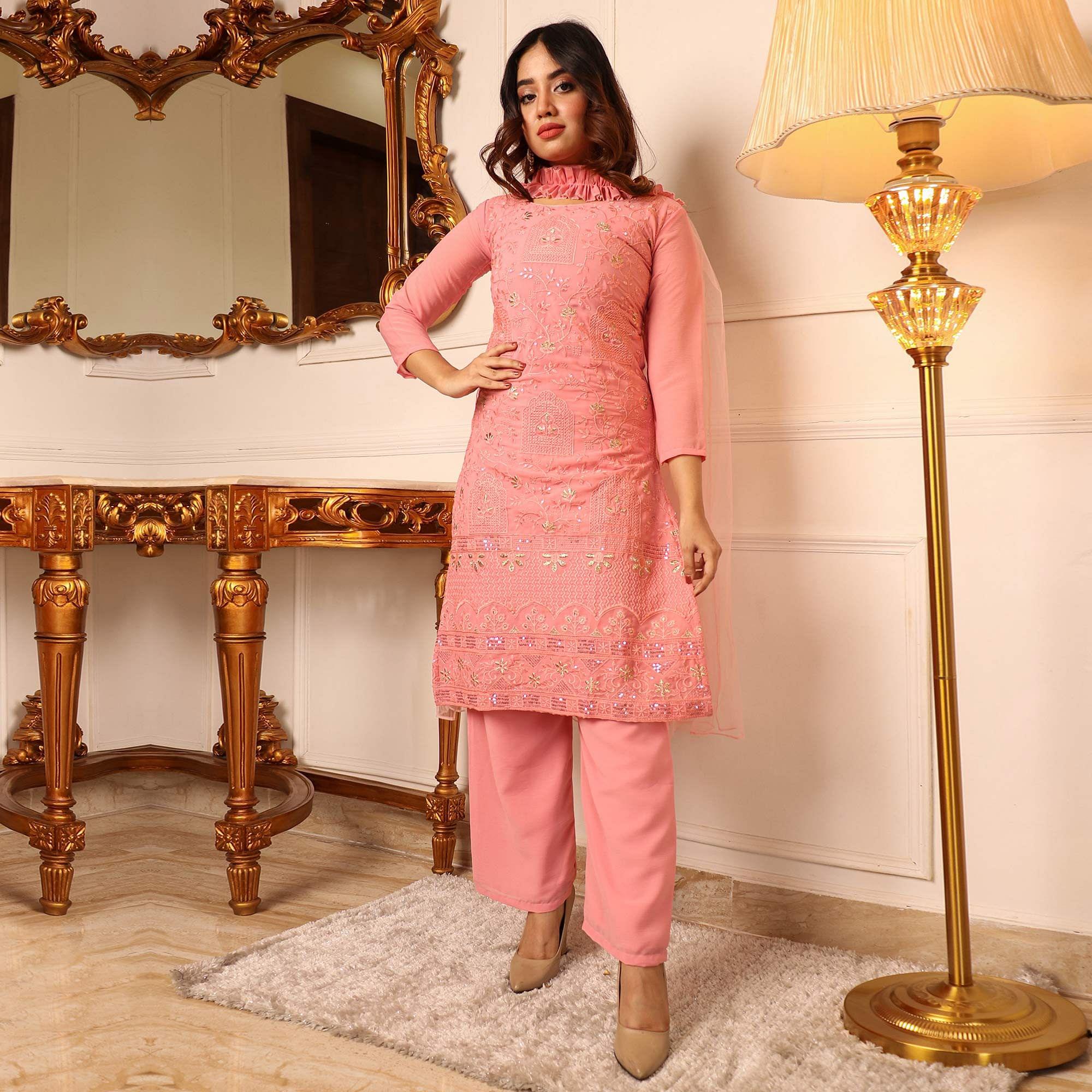 Peach Sequence Floral Embroidered Chiffon Kurti Pant Set With Dupatta - Peachmode