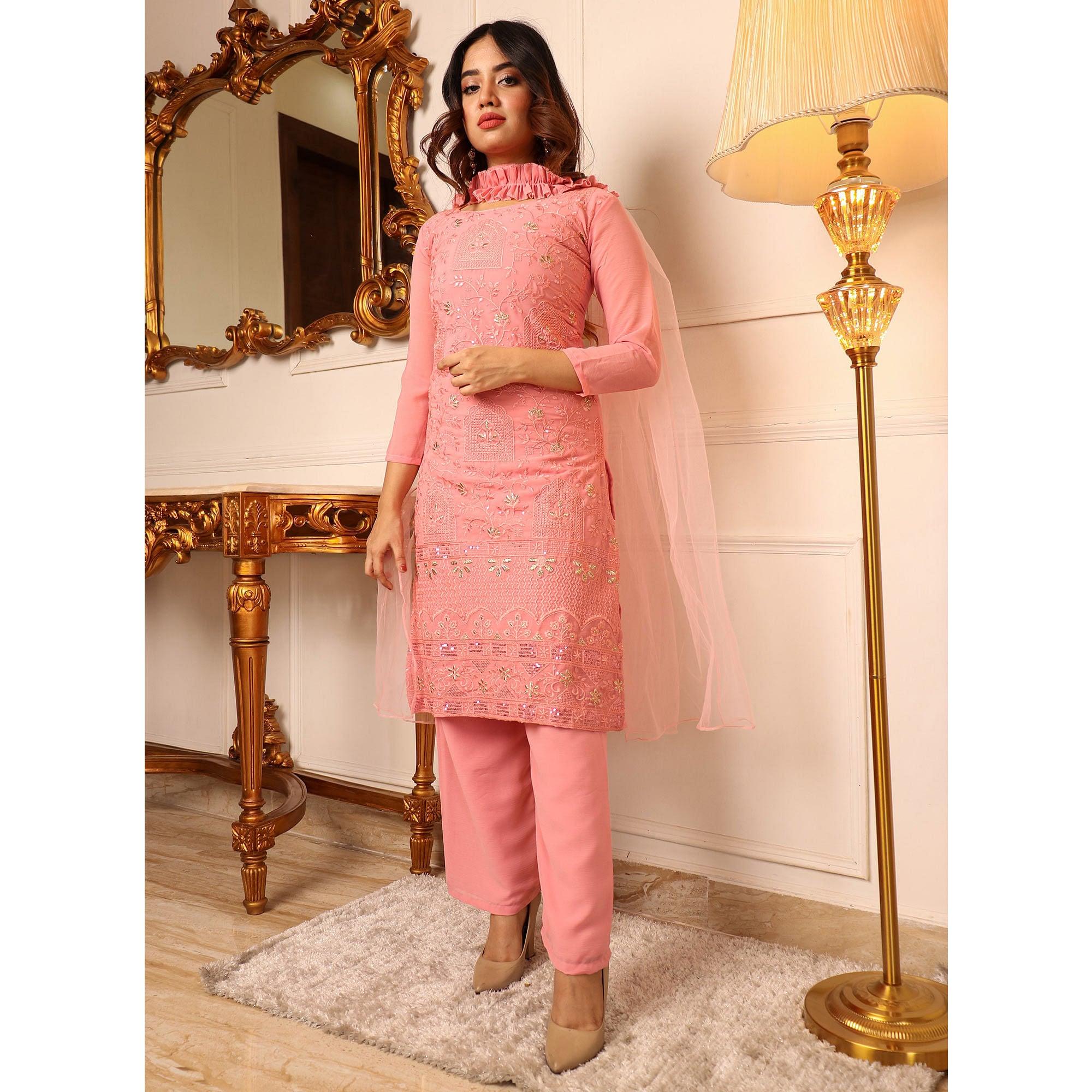 Peach Sequence Floral Embroidered Chiffon Kurti Pant Set With Dupatta - Peachmode