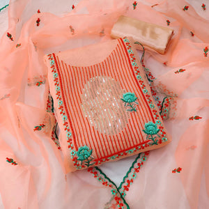 Peach Sequence Floral Embroidered Organza Dress Material - Peachmode