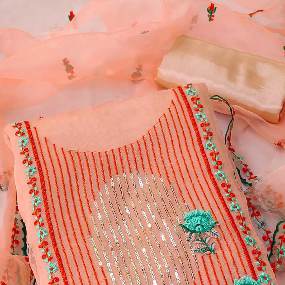 Peach Sequence Floral Embroidered Organza Dress Material - Peachmode