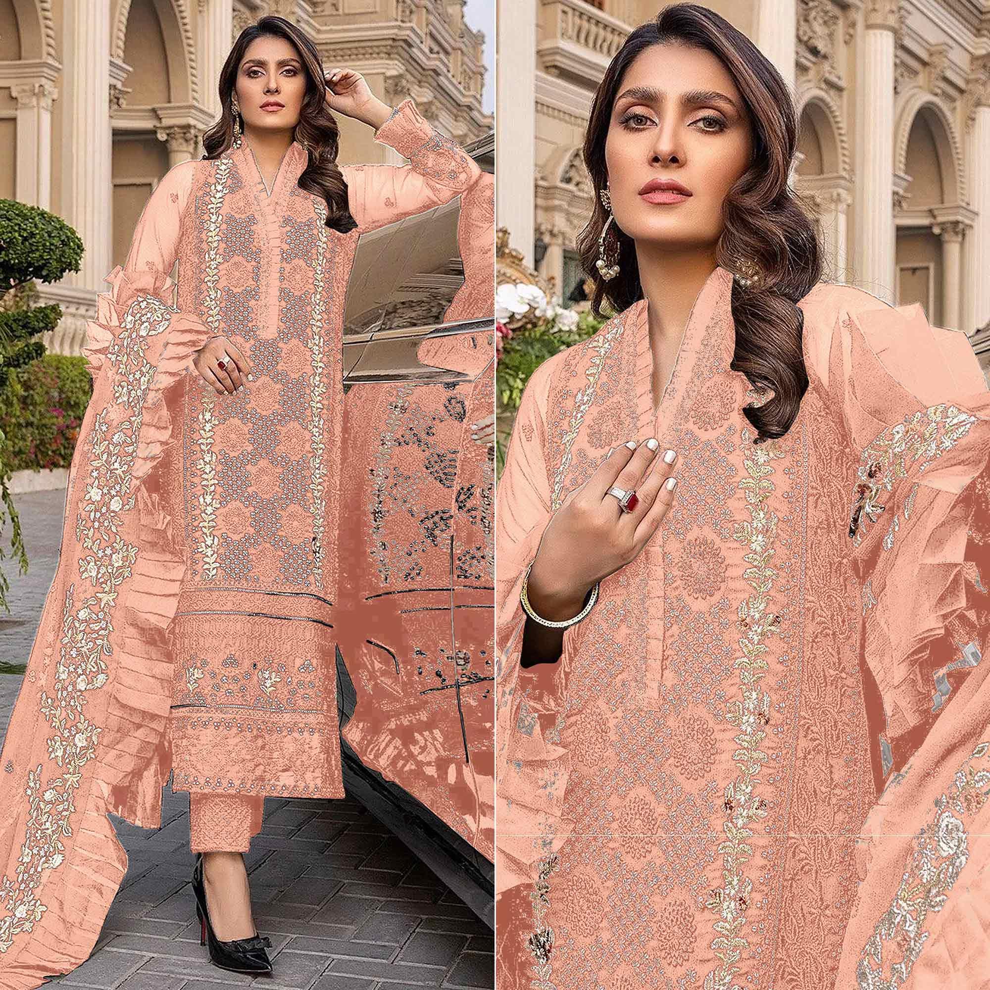 Peach Sequence With Floral Embroidered Georgette Pakistani Suit - Peachmode