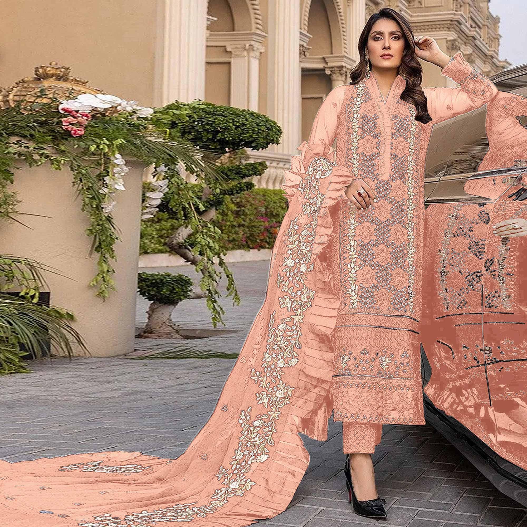 Peach Sequence With Floral Embroidered Georgette Pakistani Suit - Peachmode