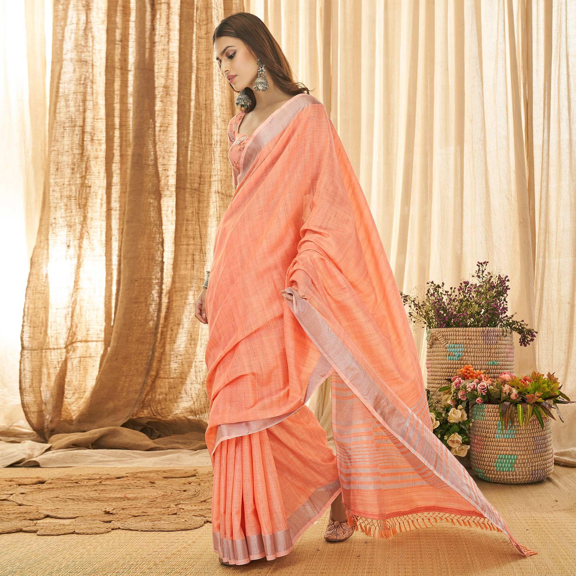 Peach Solid Linen Saree - Peachmode