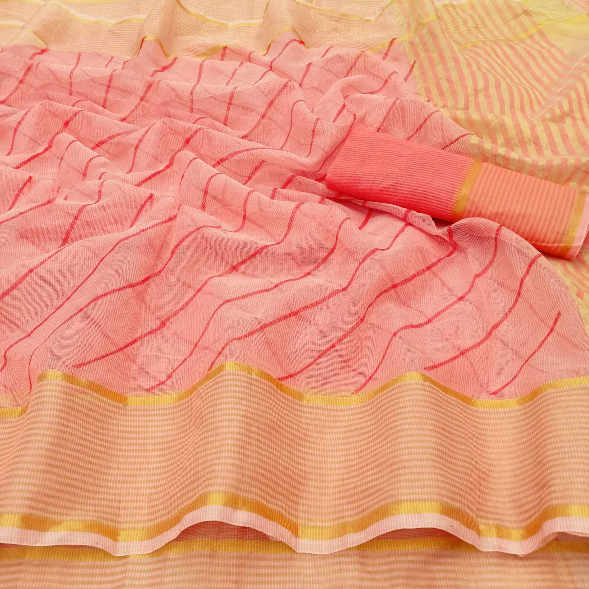 Peach Stripe Printed Kota Doria Saree With Tassels - Peachmode