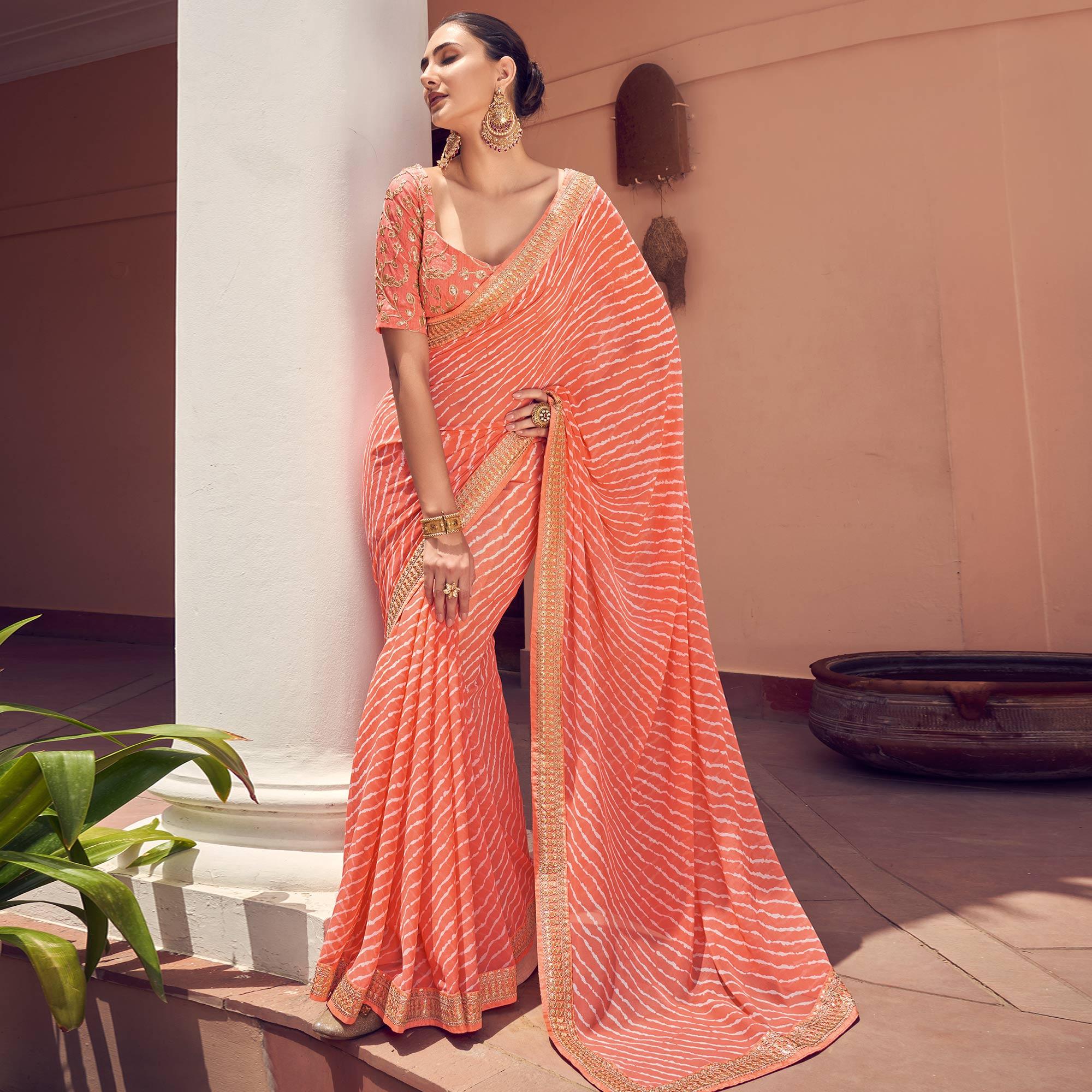 Peach Striped Printed Georgette Saree - Peachmode