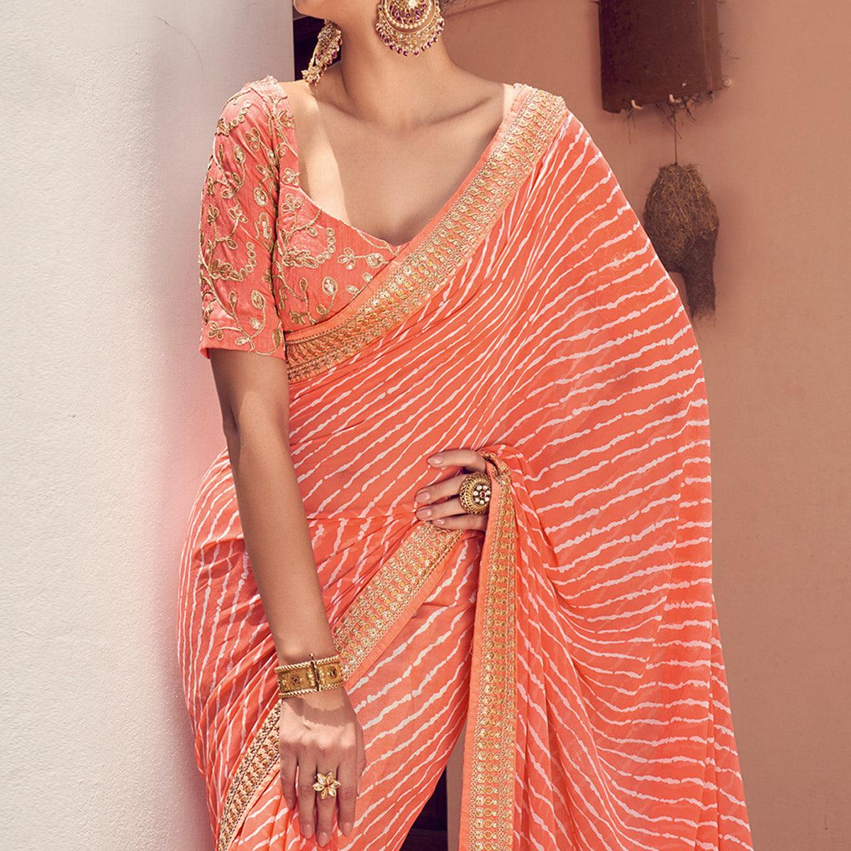 Peach Striped Printed Georgette Saree - Peachmode