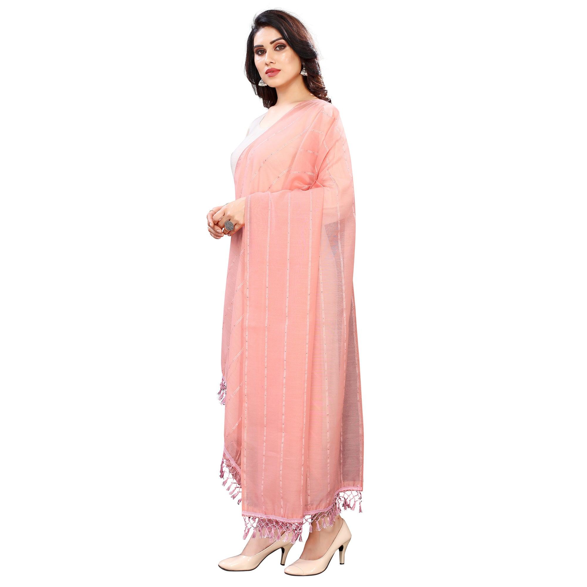Peach Stripes Woven Sequence Festive Wear Cotton Silk Dupatta - Peachmode